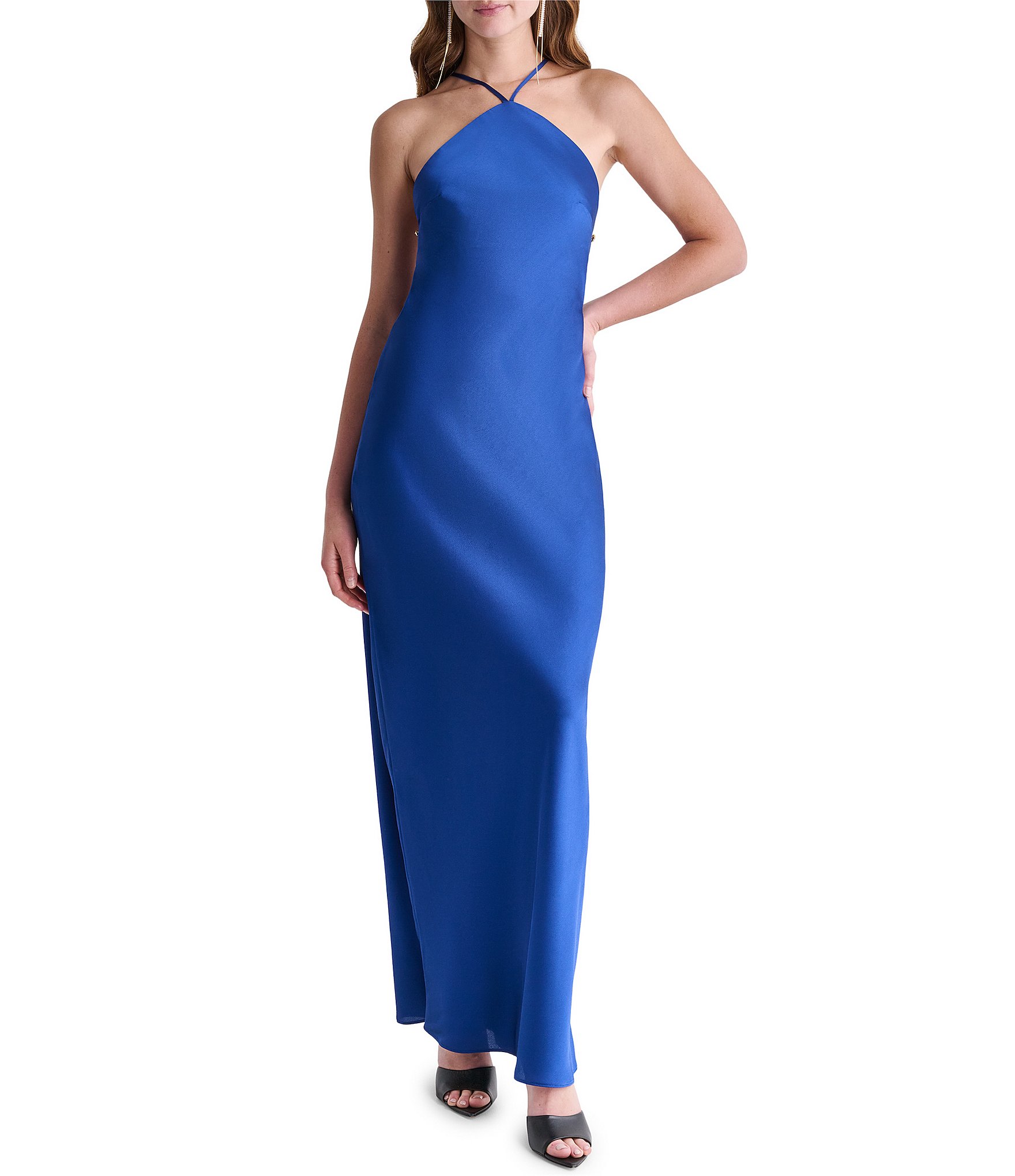 BCBG Satin Halter Open Back Sheath Dress