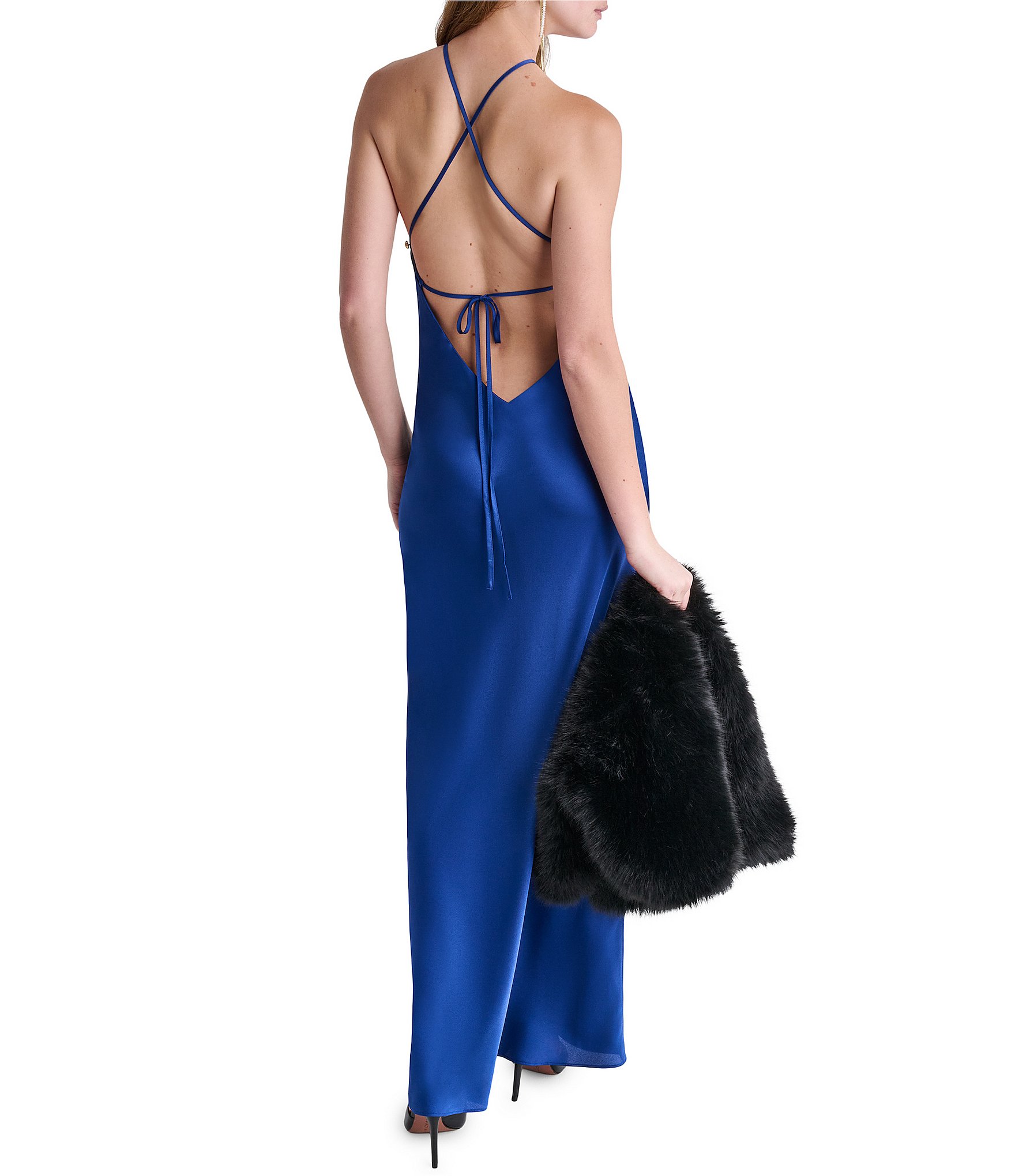 BCBG Satin Halter Open Back Sheath Dress