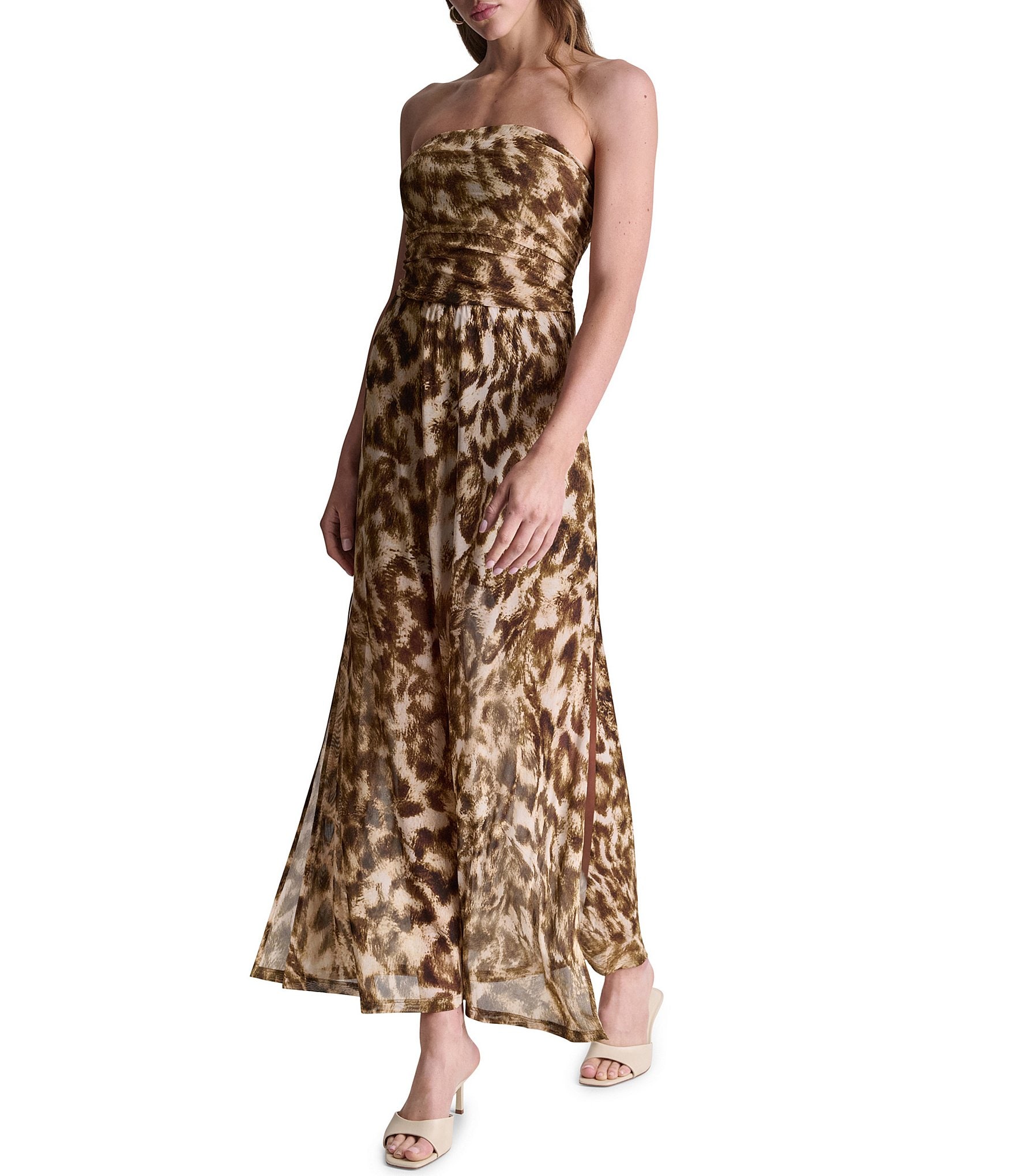 BCBG Strapless Cheetah Mesh Maxi Dress
