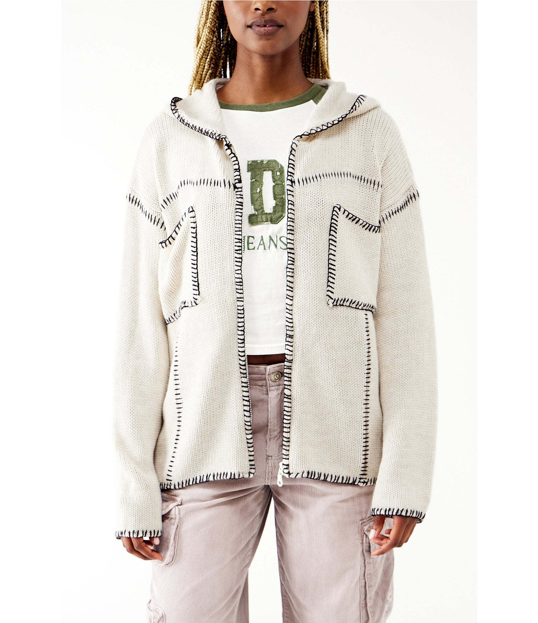 BDG Urban Outfitters Blanket Stitch Zip Up Hooded Jacket