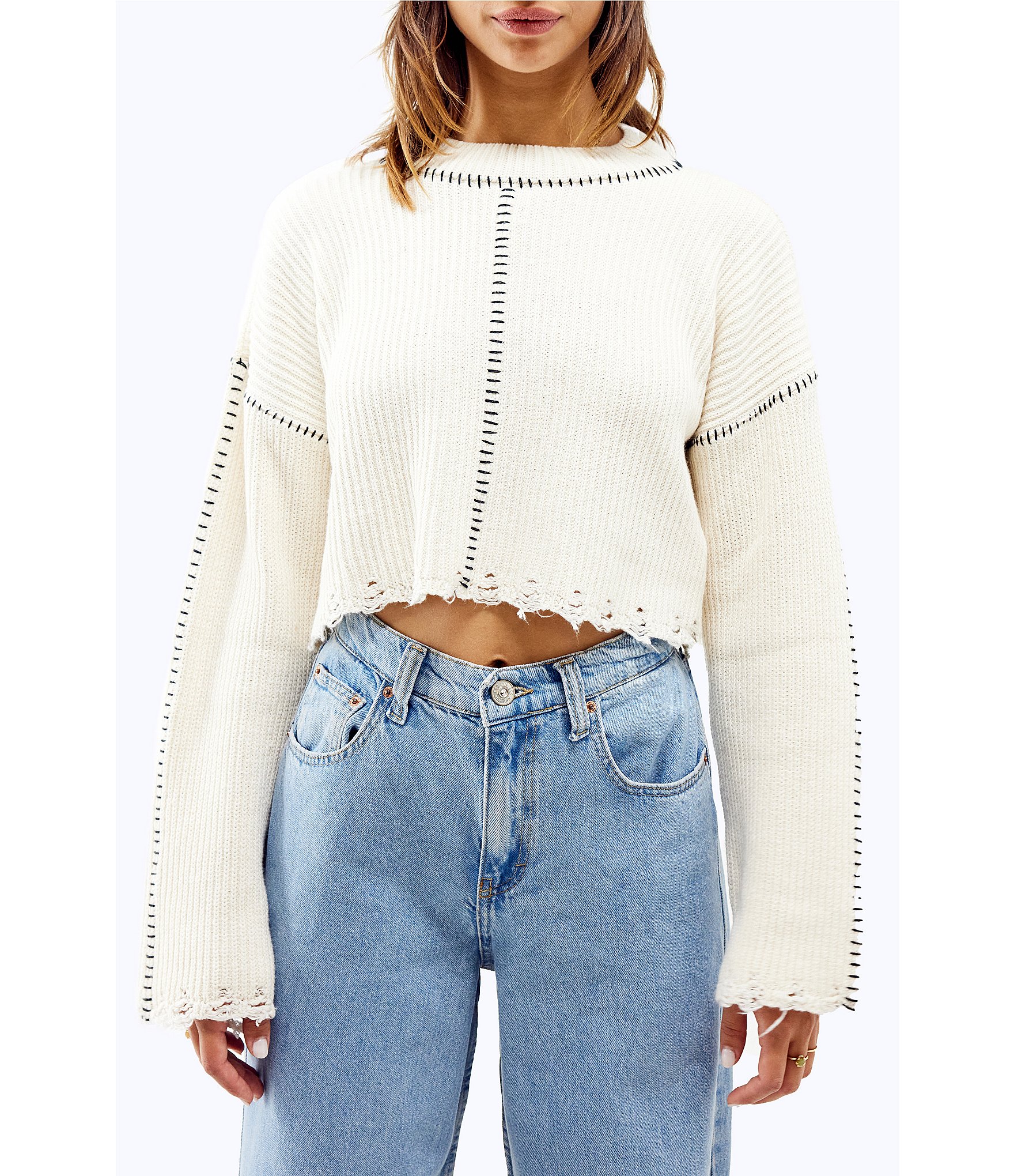 | Hem Neck Contrast Raw Dillard\'s Urban Outfitters BDG Cropped Stitch Mock Sweater