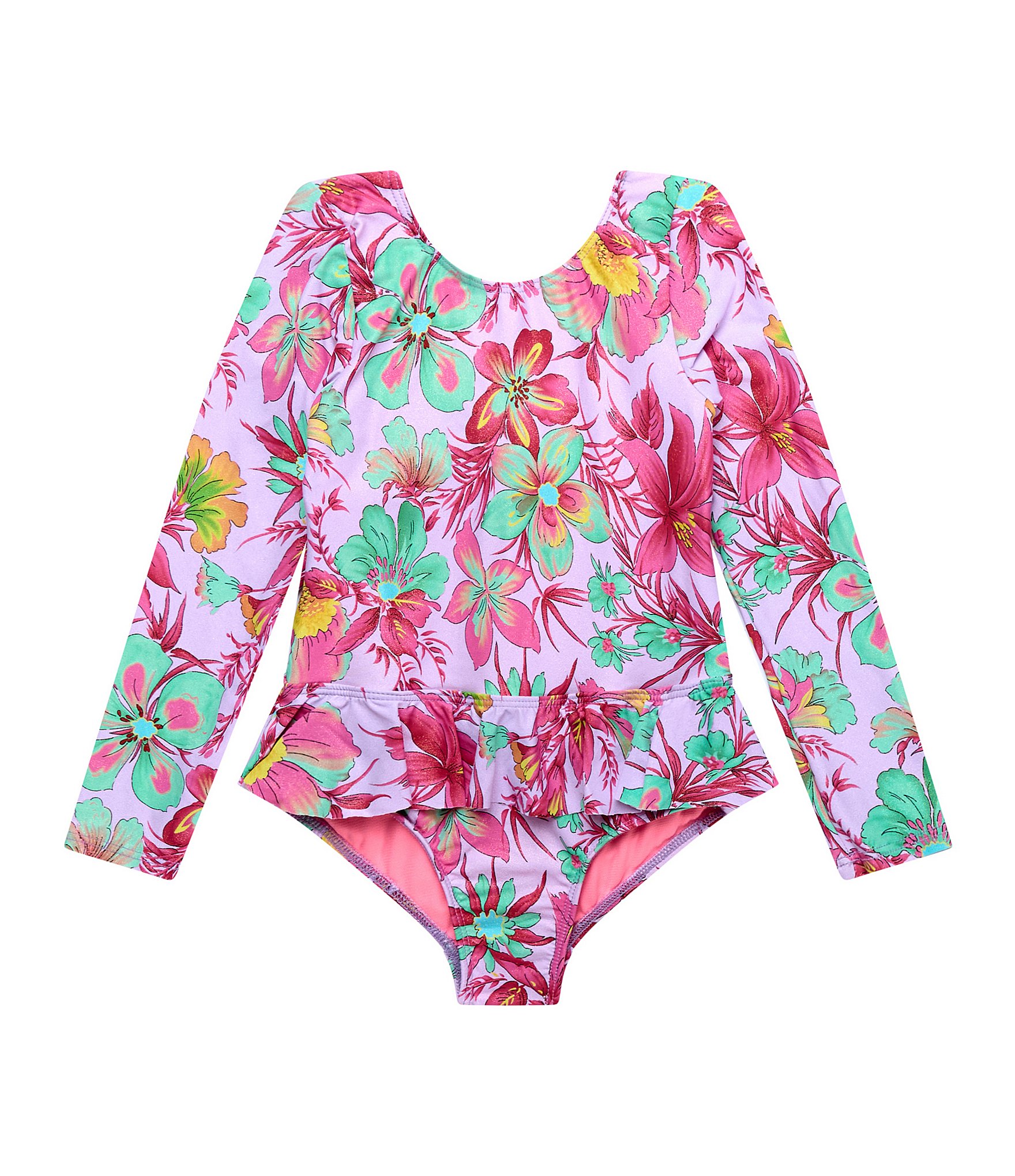 Beach Lingo Little Girls 2T-7 Long Sleeve Open Back Ruffle Detail One-Piece Swimsuit