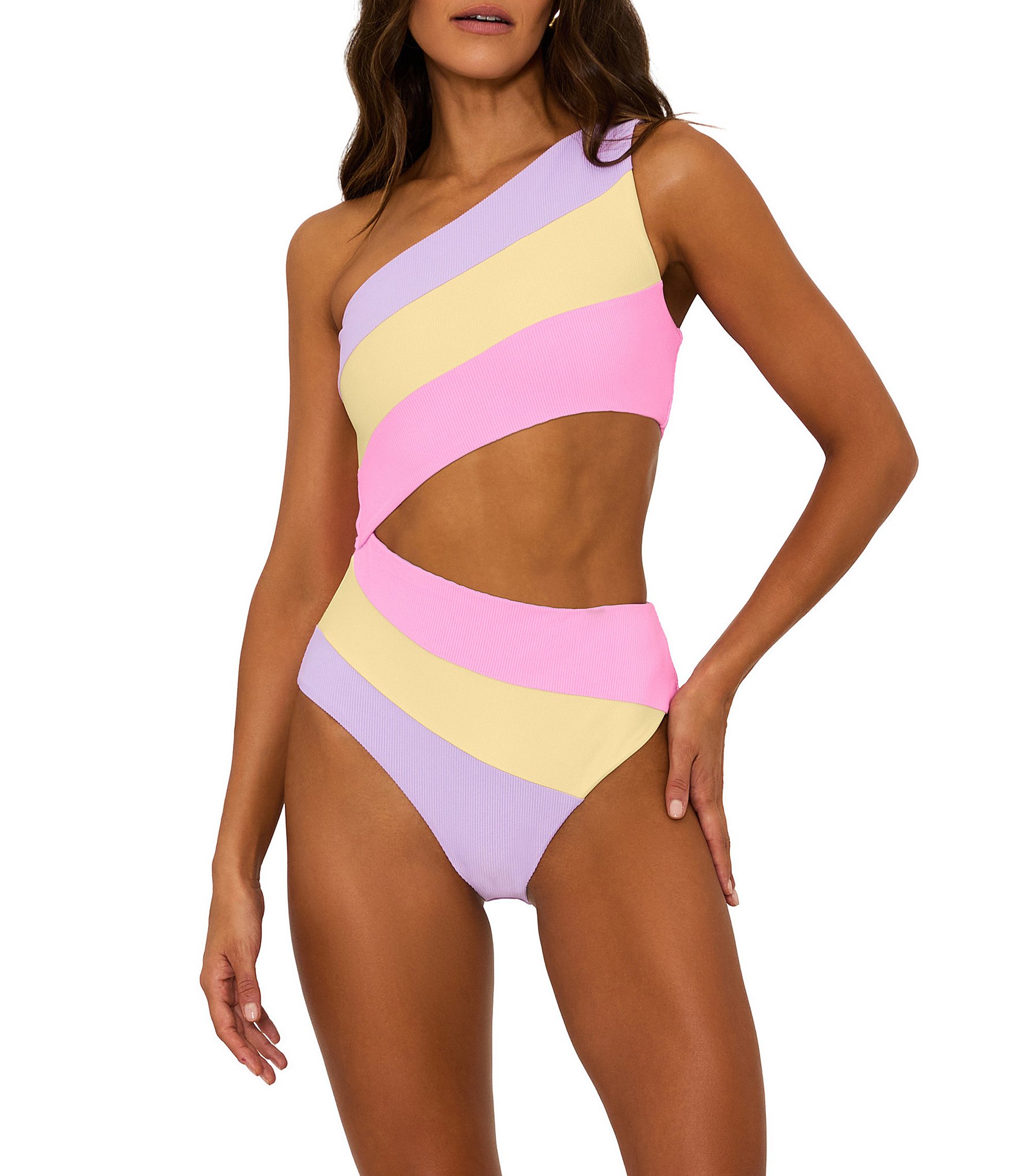 Beach Riot Joyce Ribbed Colorblock One Shoulder One Piece