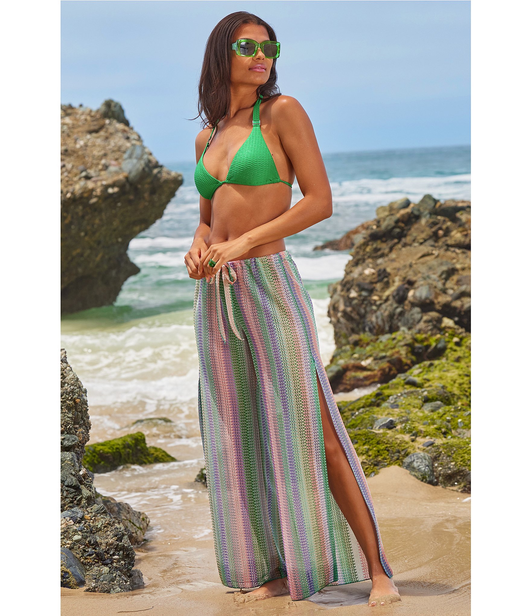 Becca By Rebecca Virtue Jacquard Crochet Knit Drawstring Waist Wide Leg Pull-On Swim Cover-Up Pants