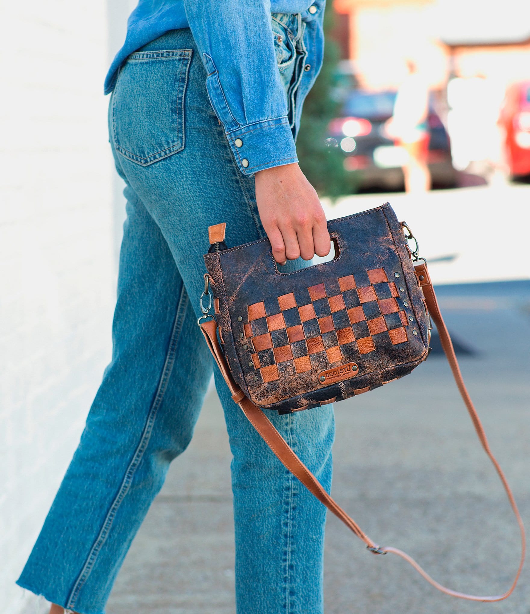 Bed Stu Keiki Leather Woven Checkered Crossbody Bag