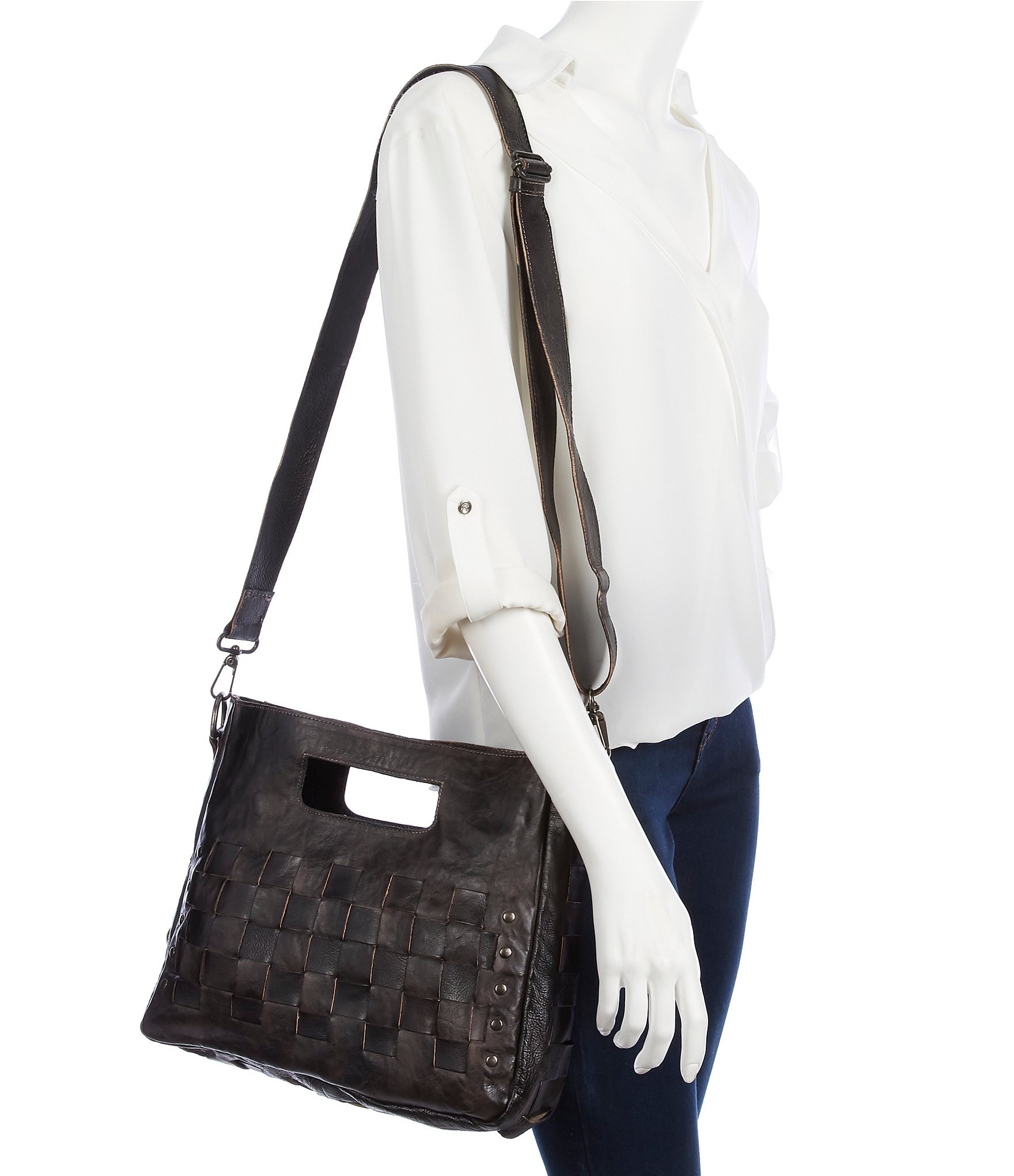 Bed Stu Orchid Studded Woven Leather Satchel Bag