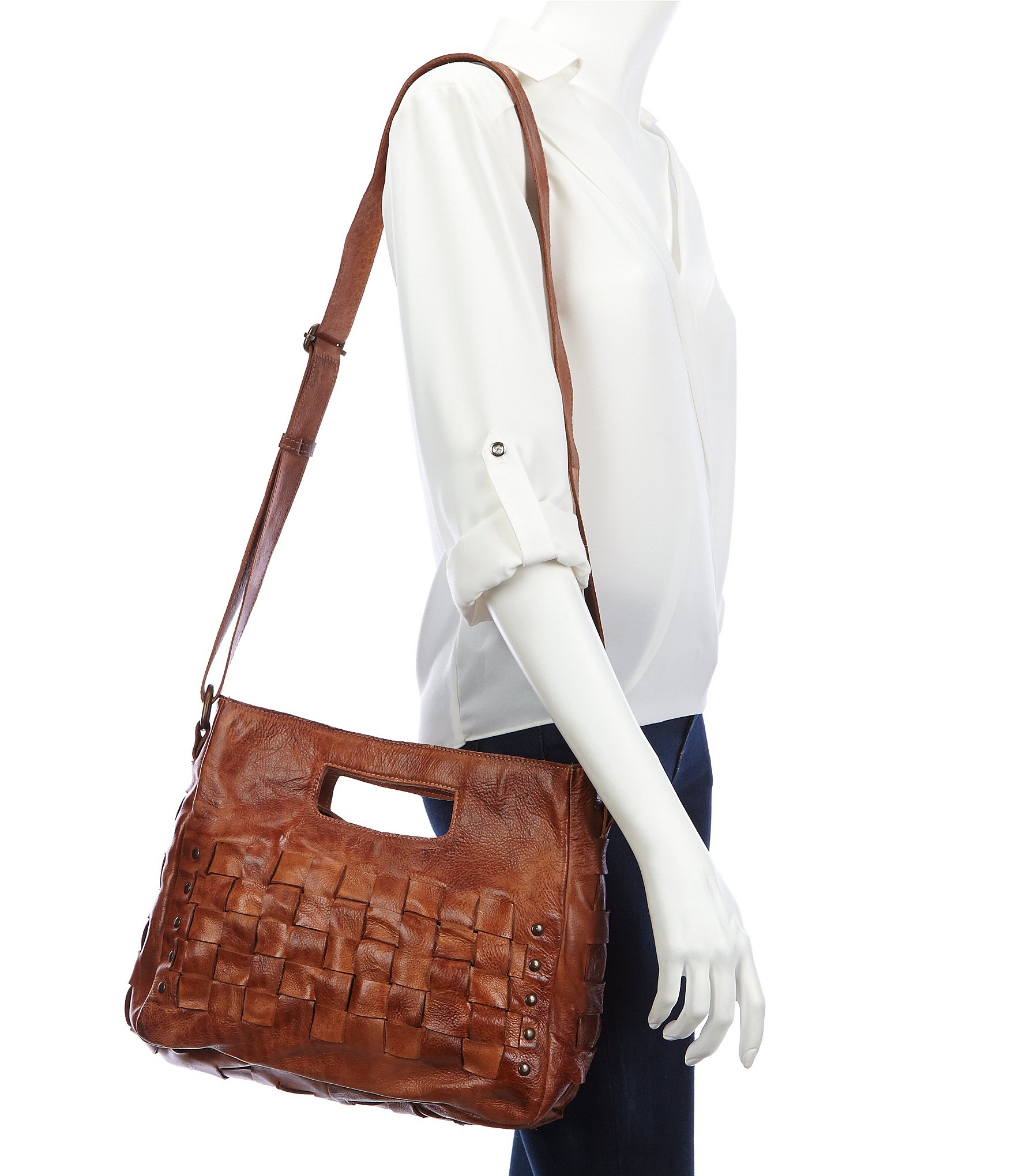 Bed Stu Orchid Studded Woven Leather Satchel Bag