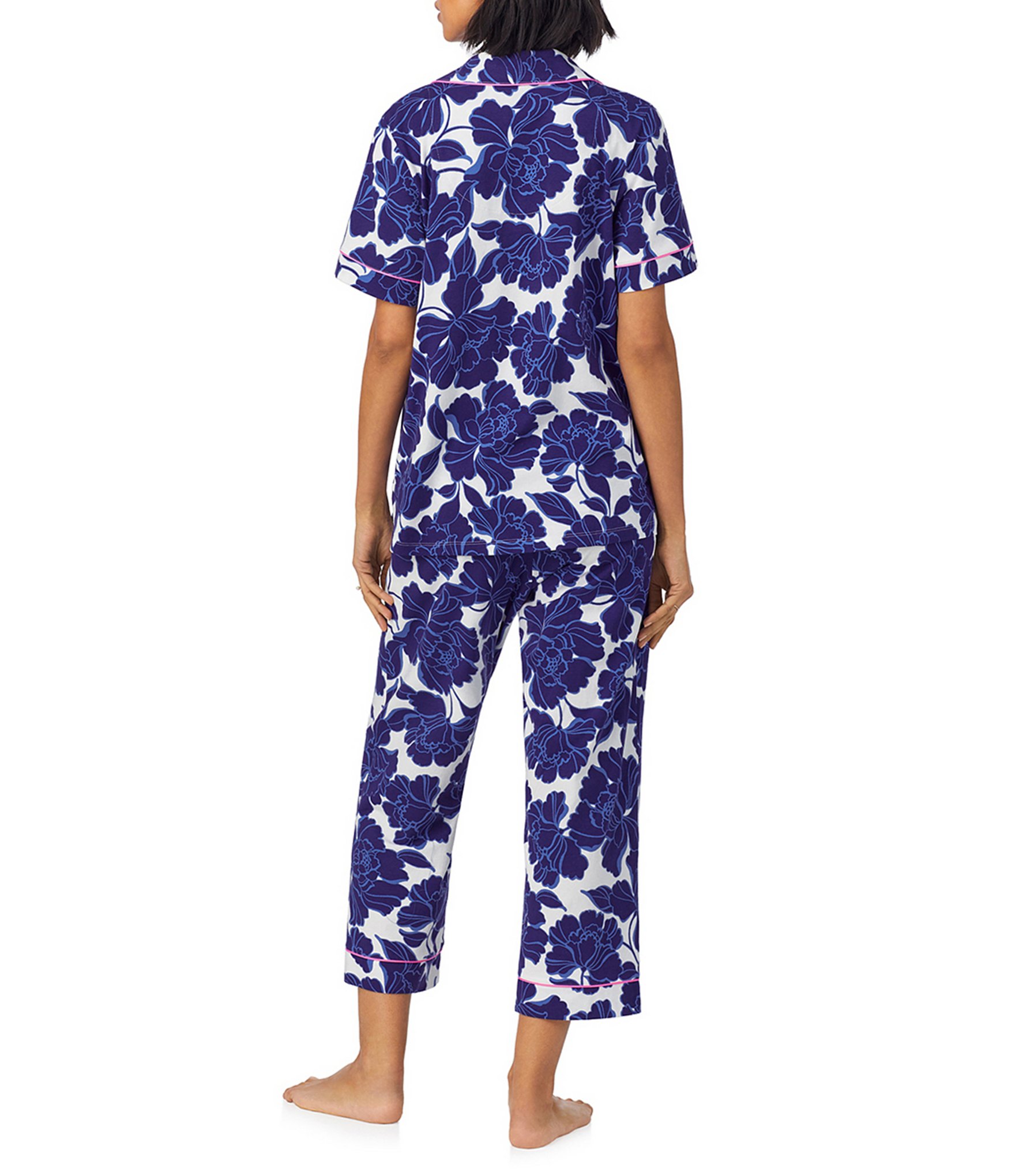 BedHead Organic Cotton Blend Floral Short Sleeve Notch Collar Knit Cropped Pajama Set