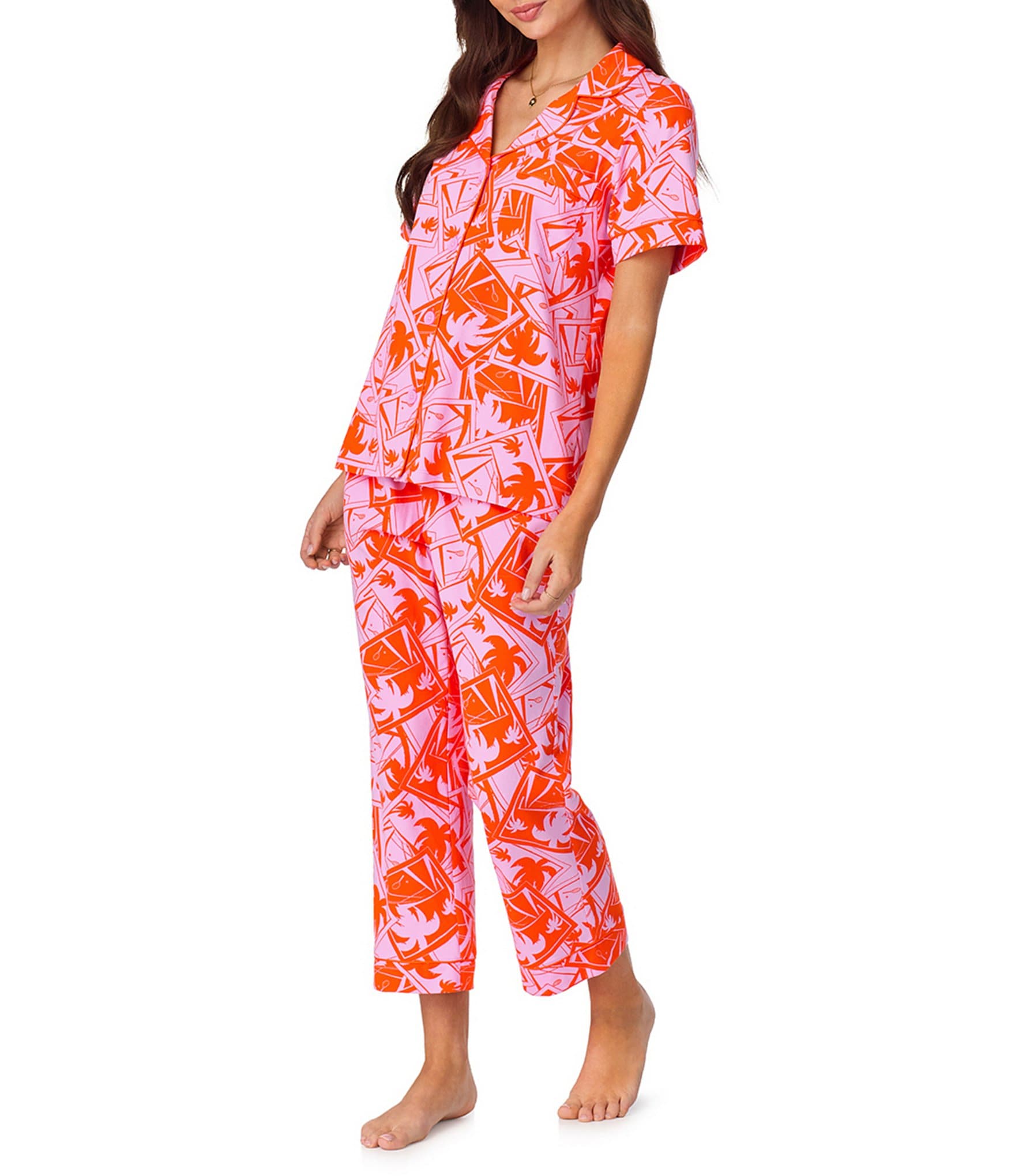 BedHead Organic Cotton Blend Pink Tennis Court Short Sleeve Notch Collar Knit Cropped Pajama Set