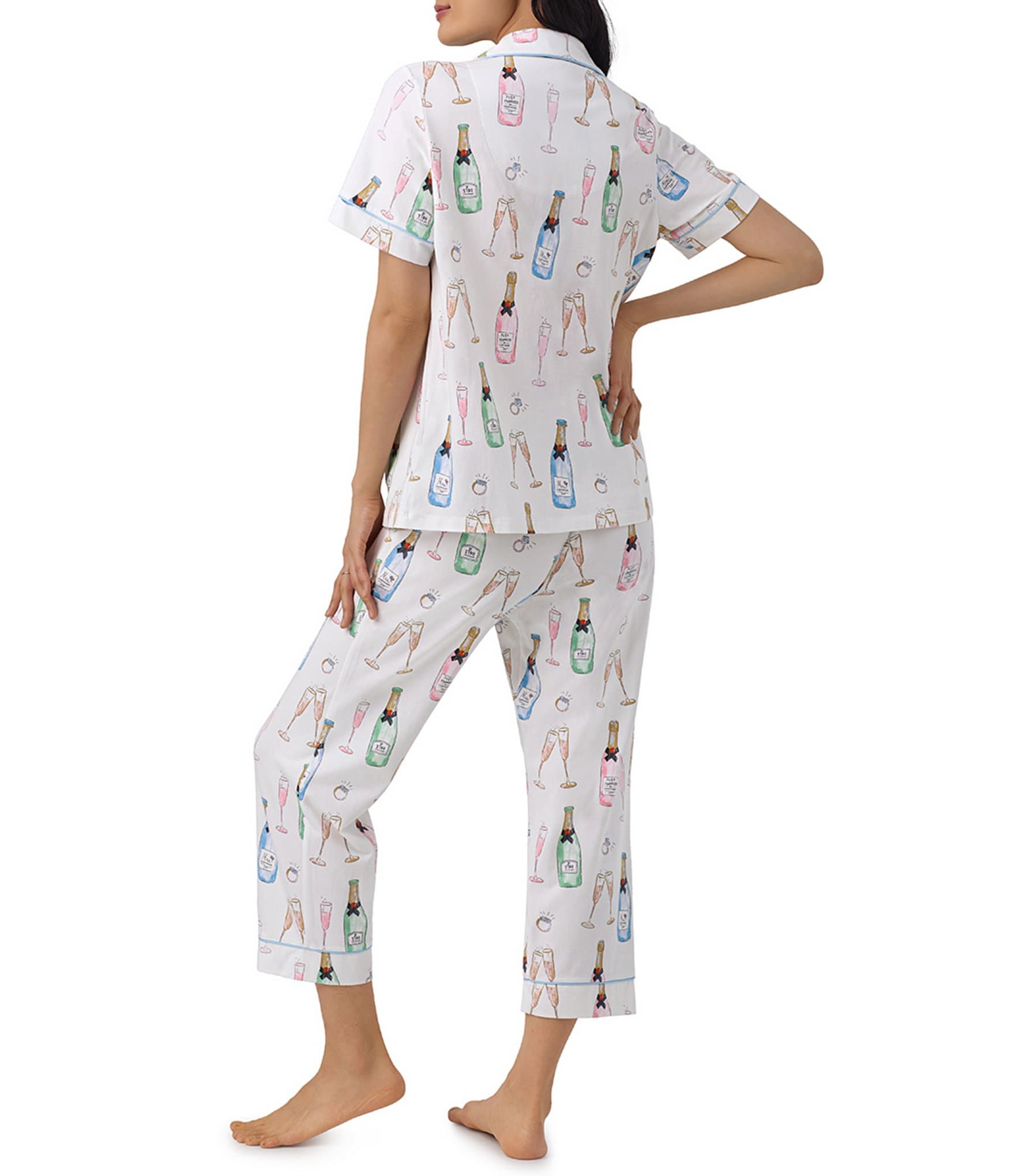 BedHead Pajamas Champagne Wedding Print Short Sleeve Notch Collar Jersey Knit Cropped Pajama Set