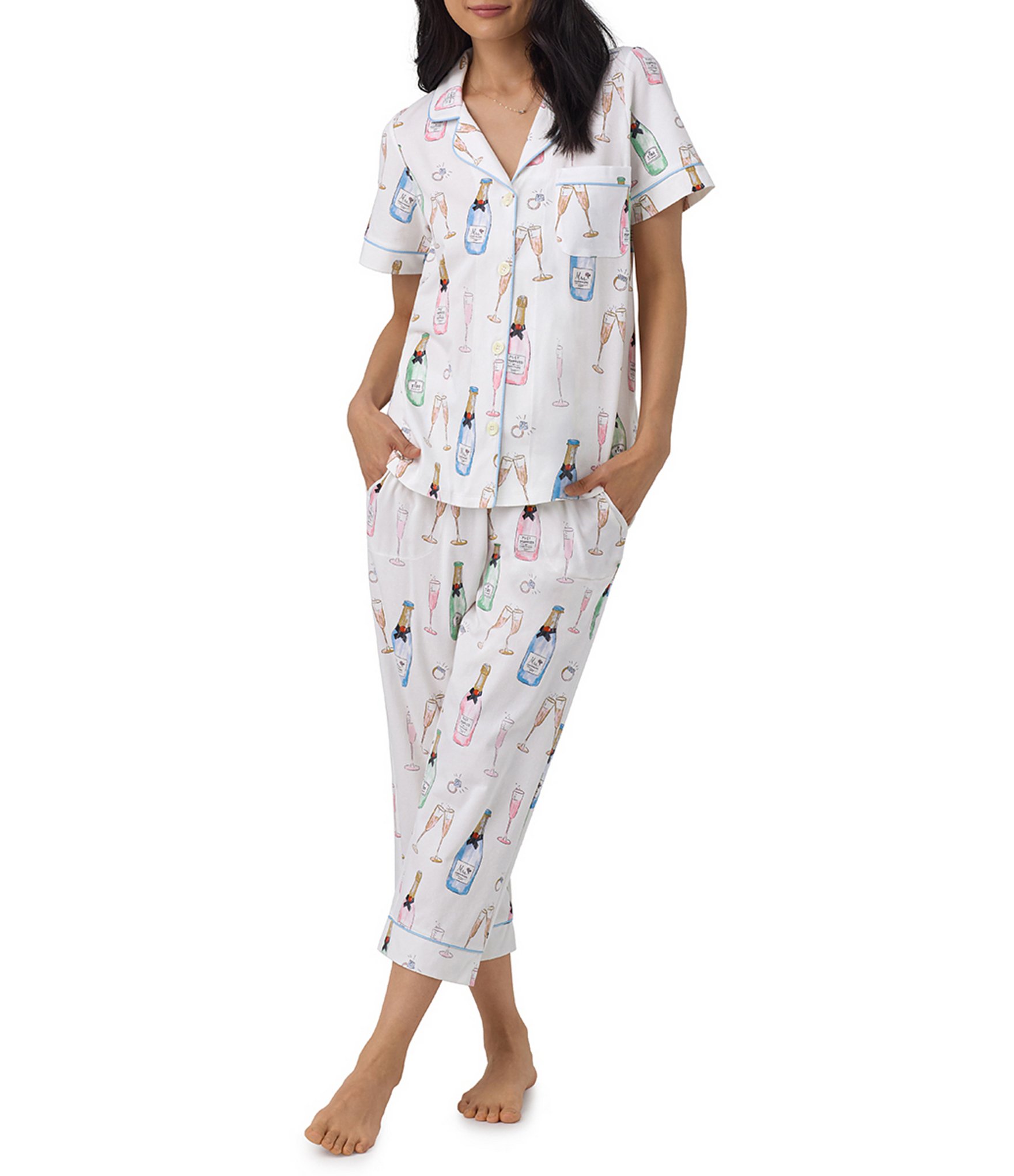 BedHead Pajamas Champagne Wedding Print Short Sleeve Notch Collar Jersey Knit Cropped Pajama Set