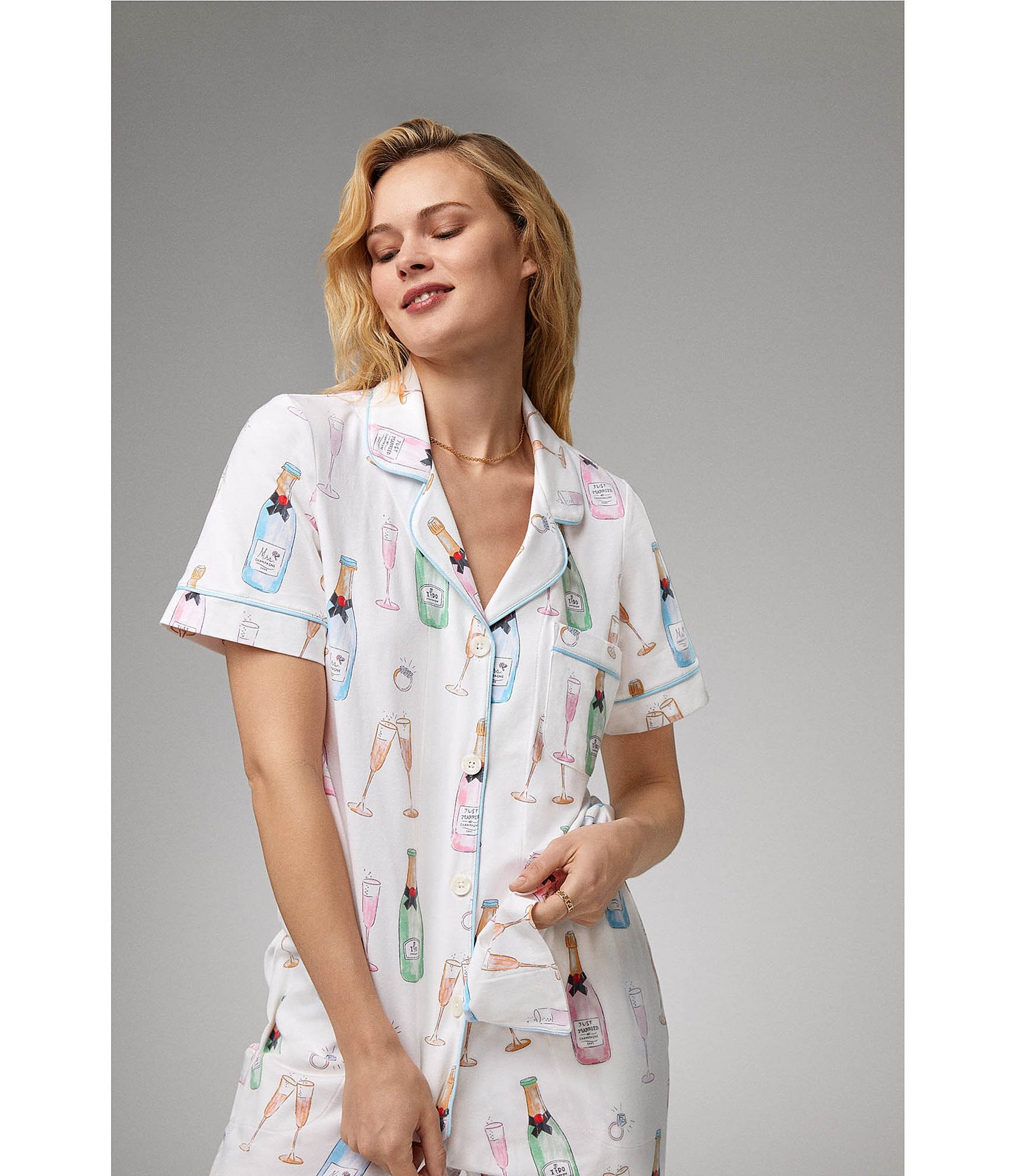 BedHead Pajamas Champagne Wedding Print Short Sleeve Notch Collar Jersey Knit Cropped Pajama Set