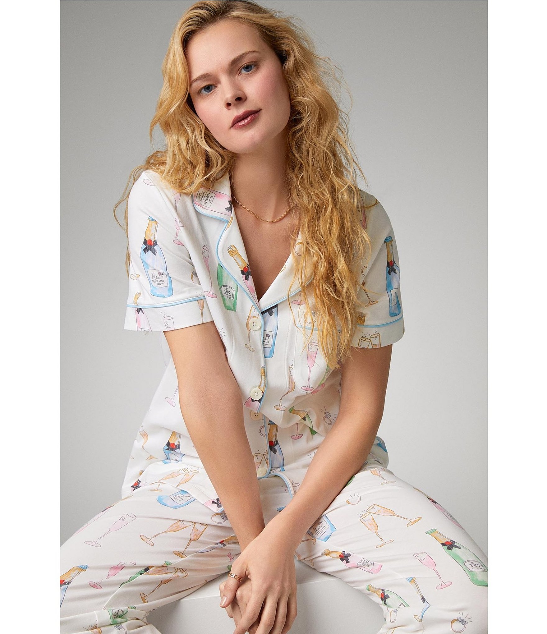 BedHead Pajamas Champagne Wedding Print Short Sleeve Notch Collar Jersey Knit Cropped Pajama Set