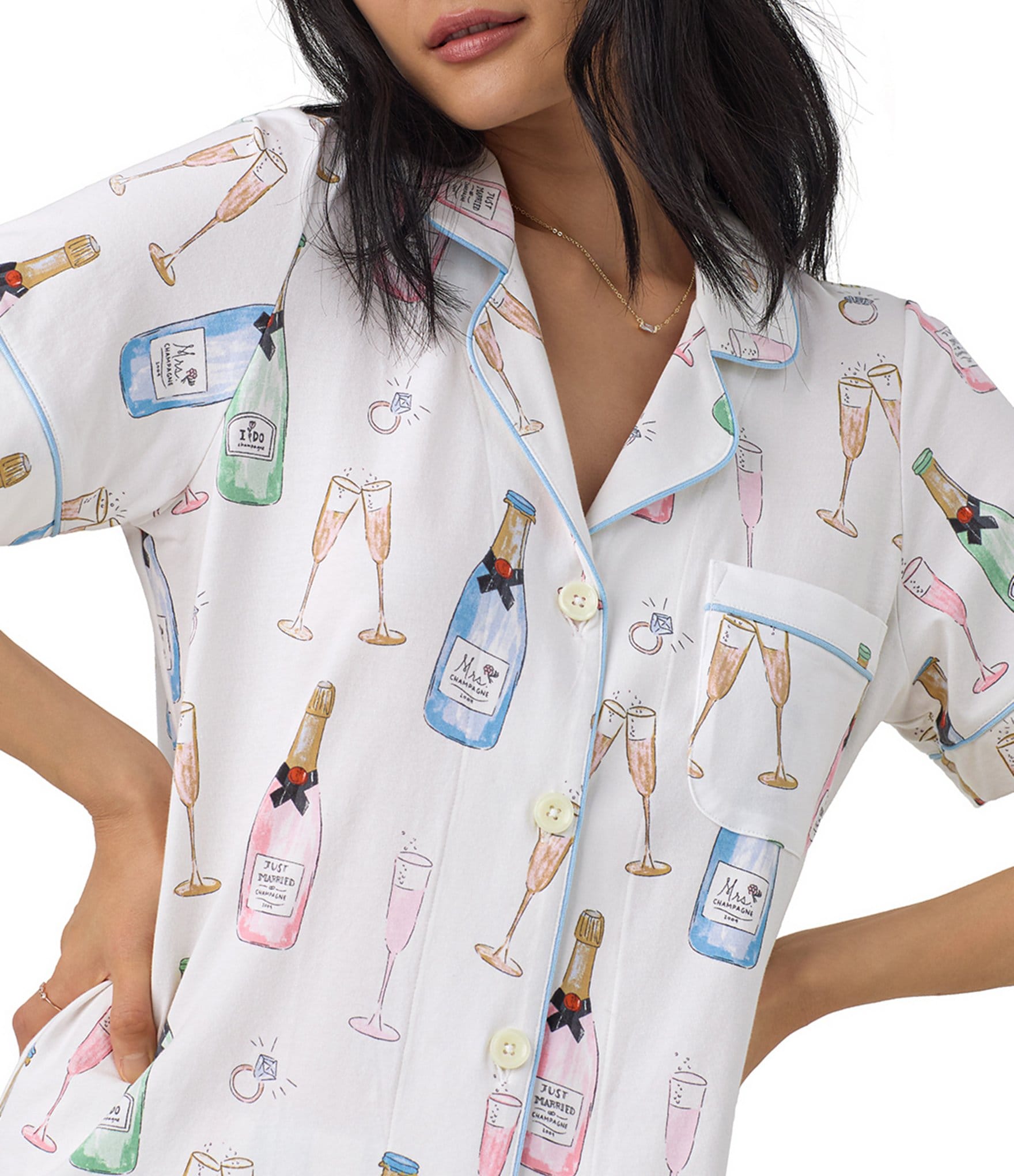 BedHead Pajamas Champagne Wedding Print Short Sleeve Notch Collar Jersey Knit Cropped Pajama Set