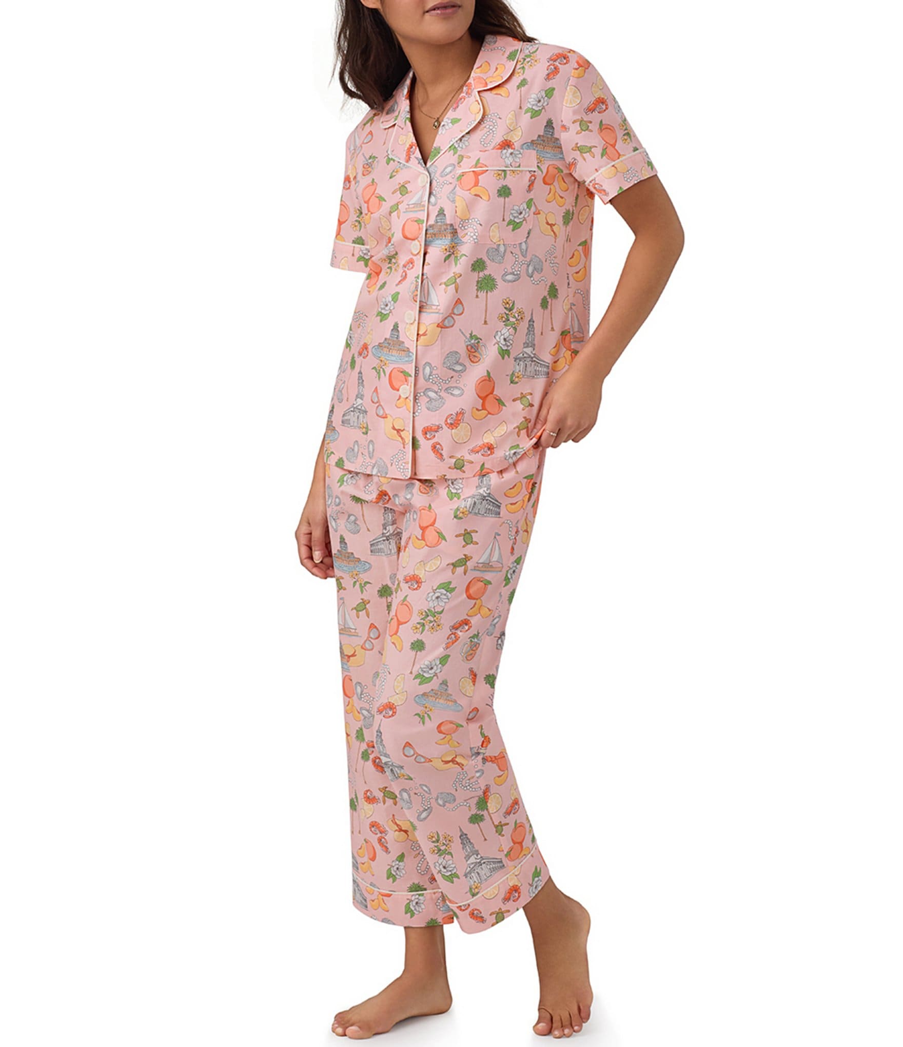 BedHead Pajamas Charming Charleston Print Short Sleeve Notch Collar Cropped Pant Pajama Set