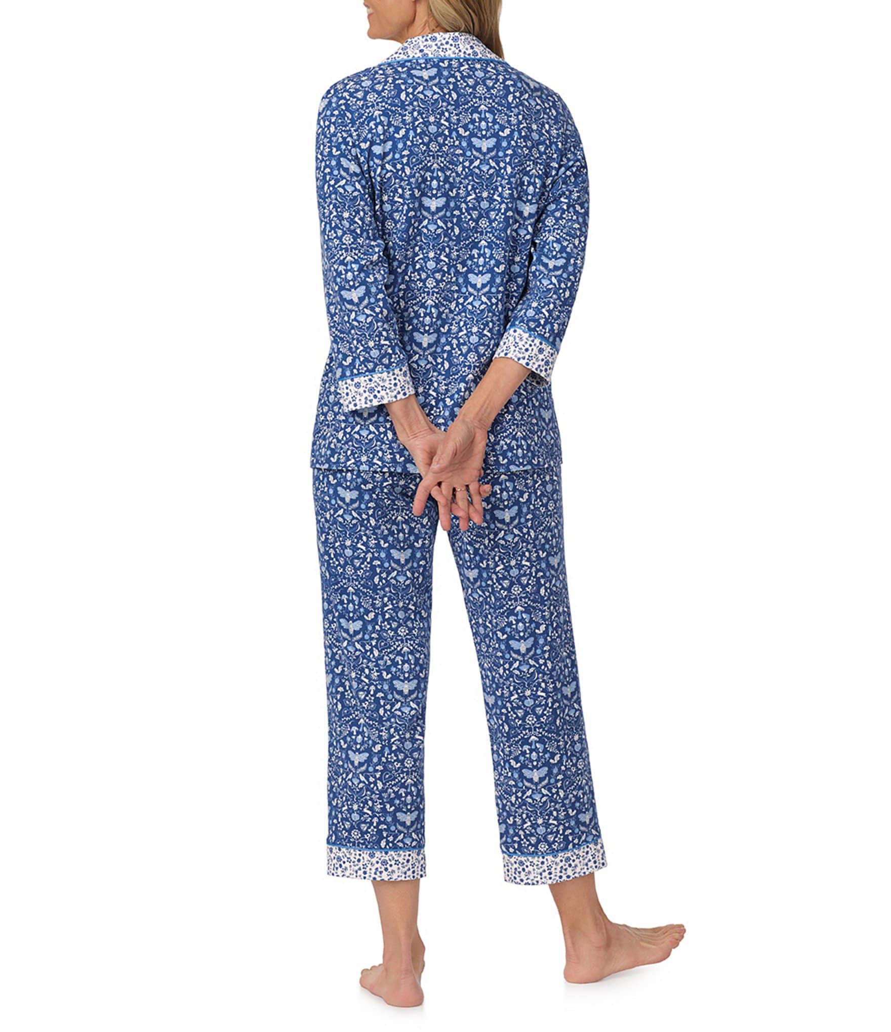 BedHead Pajamas Ditsy Through The Woods Knit 3/4 Sleeve Notch Collar Cropped Pajama Set