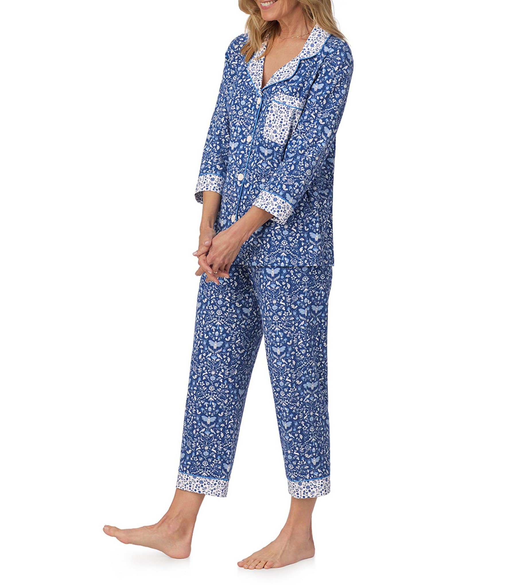 BedHead Pajamas Ditsy Through The Woods Knit 3/4 Sleeve Notch Collar Cropped Pajama Set