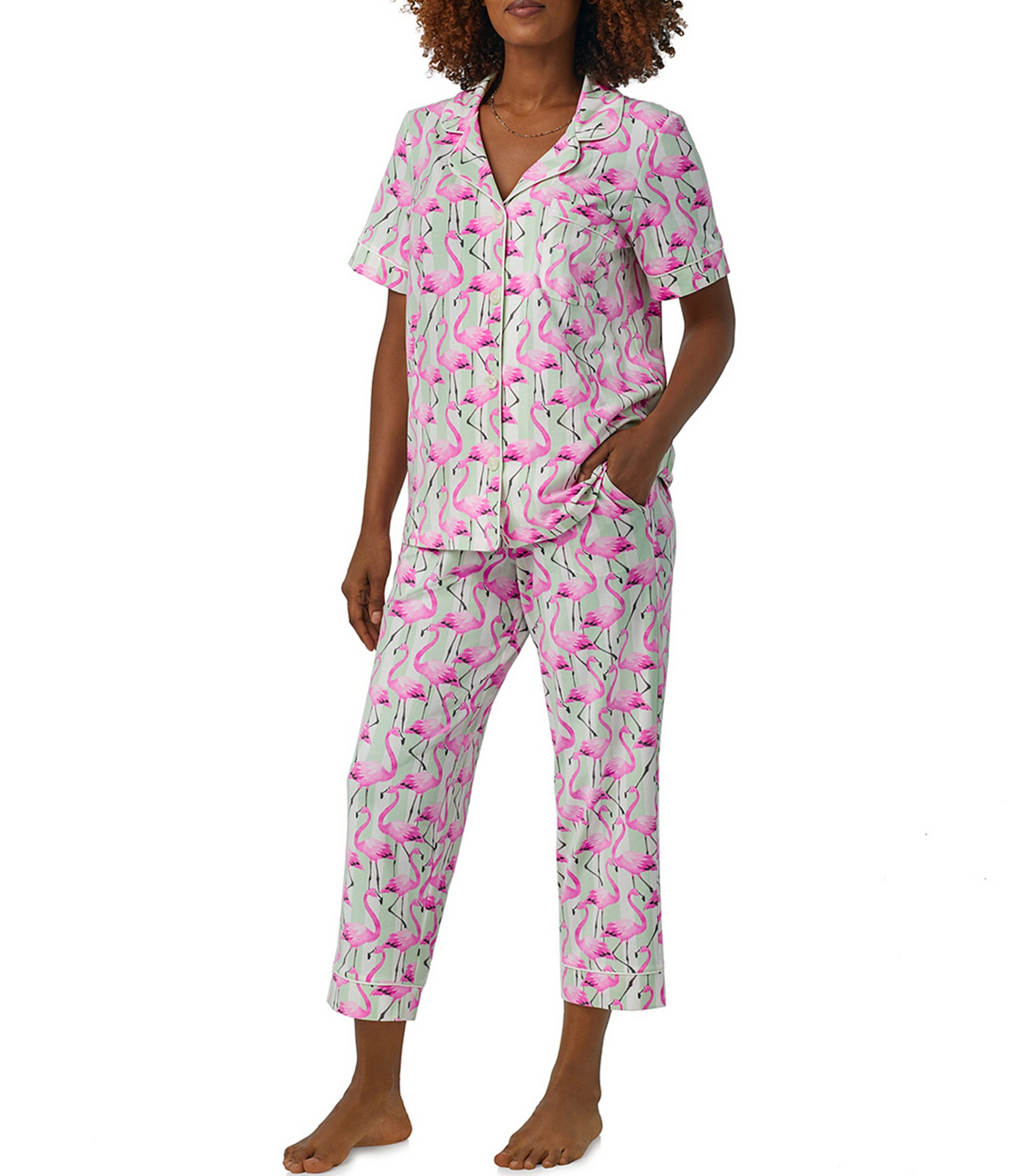 BedHead Pajamas Flamingo Print Short Sleeve Notch Collar Cropped Pajama Set