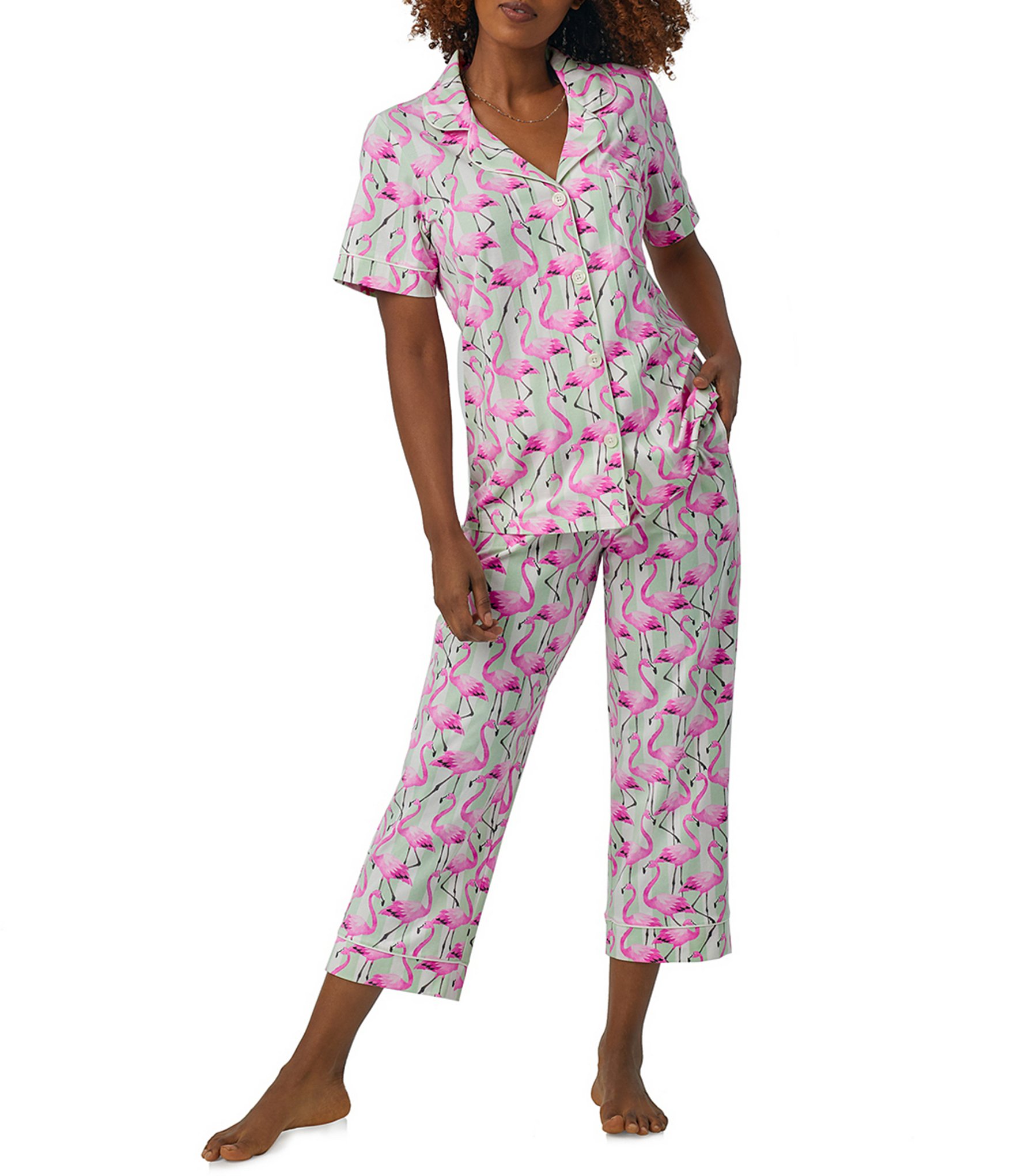 BedHead Pajamas Flamingo Print Short Sleeve Notch Collar Cropped Pajama Set