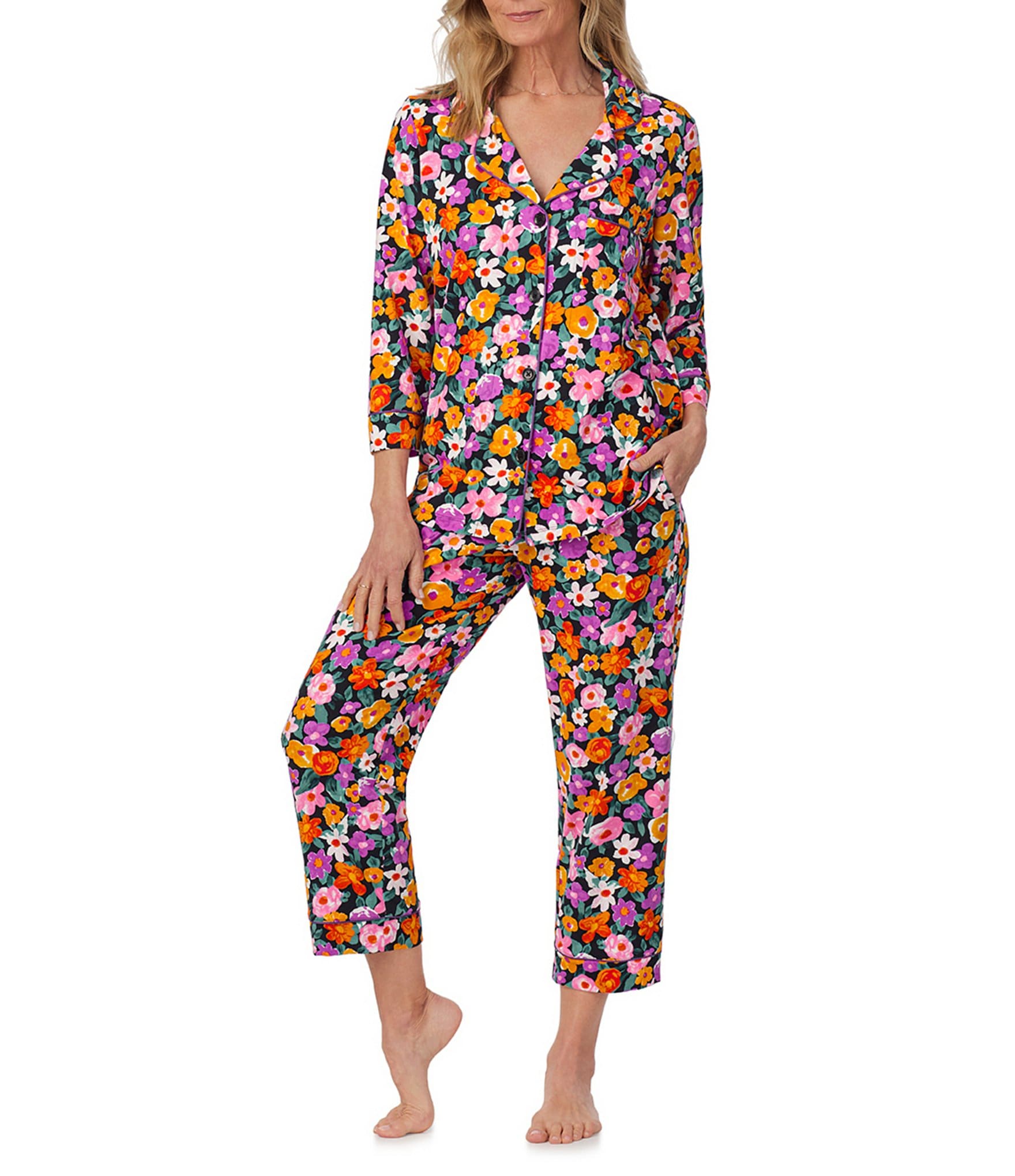 BedHead Pajamas Floral Knit 3/4 Sleeve Notch Collar Cropped Pajama Set