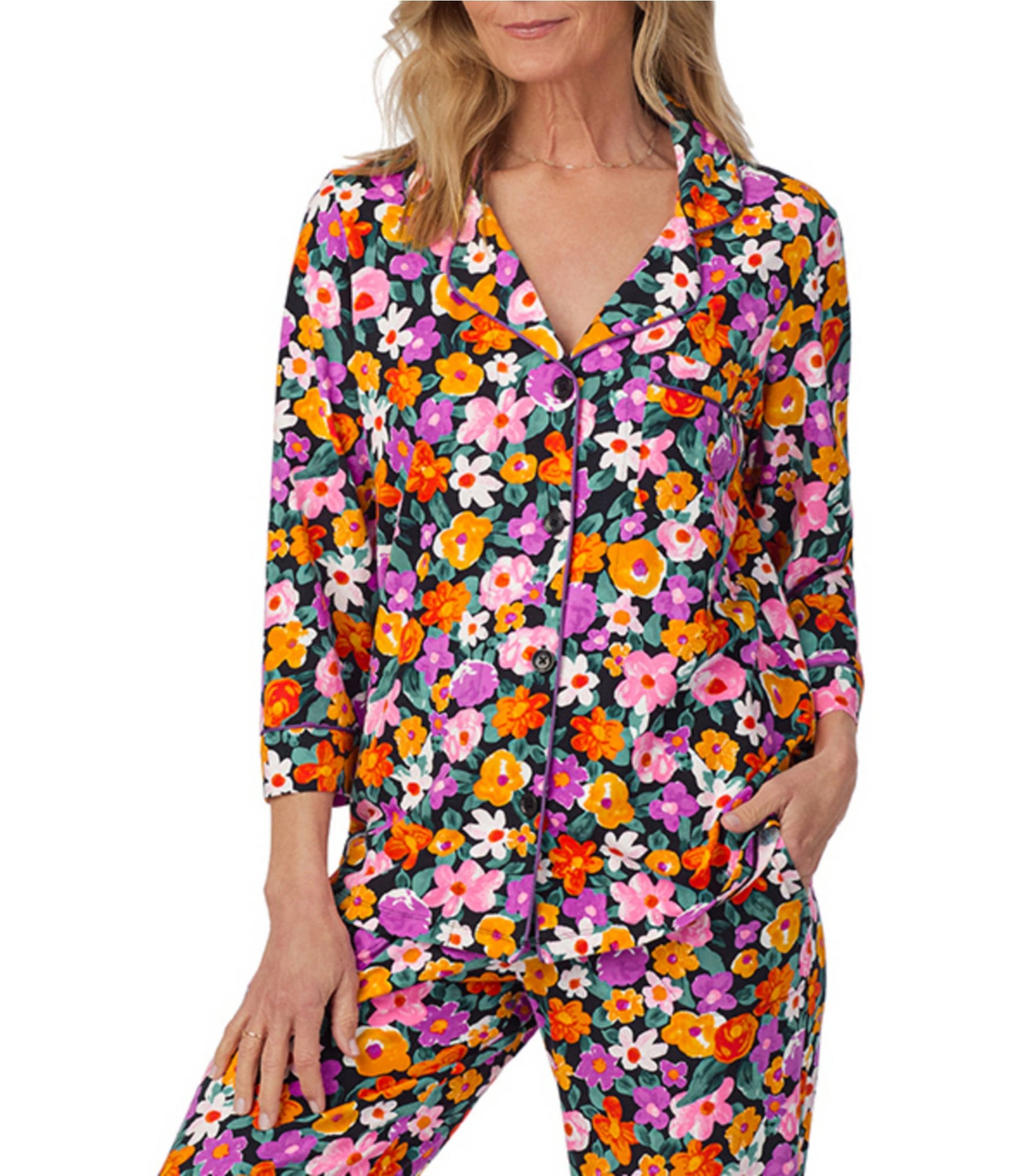 BedHead Pajamas Floral Knit 3/4 Sleeve Notch Collar Cropped Pajama Set