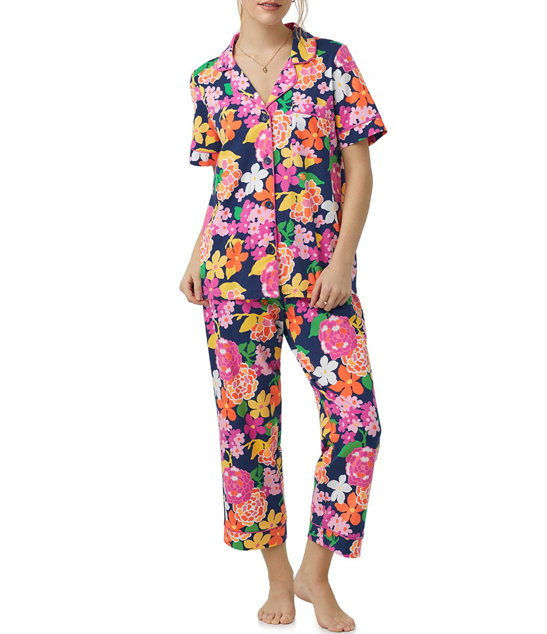 BedHead Pajamas Floral Print Knit Short Sleeve Chest Pocket Notch ...