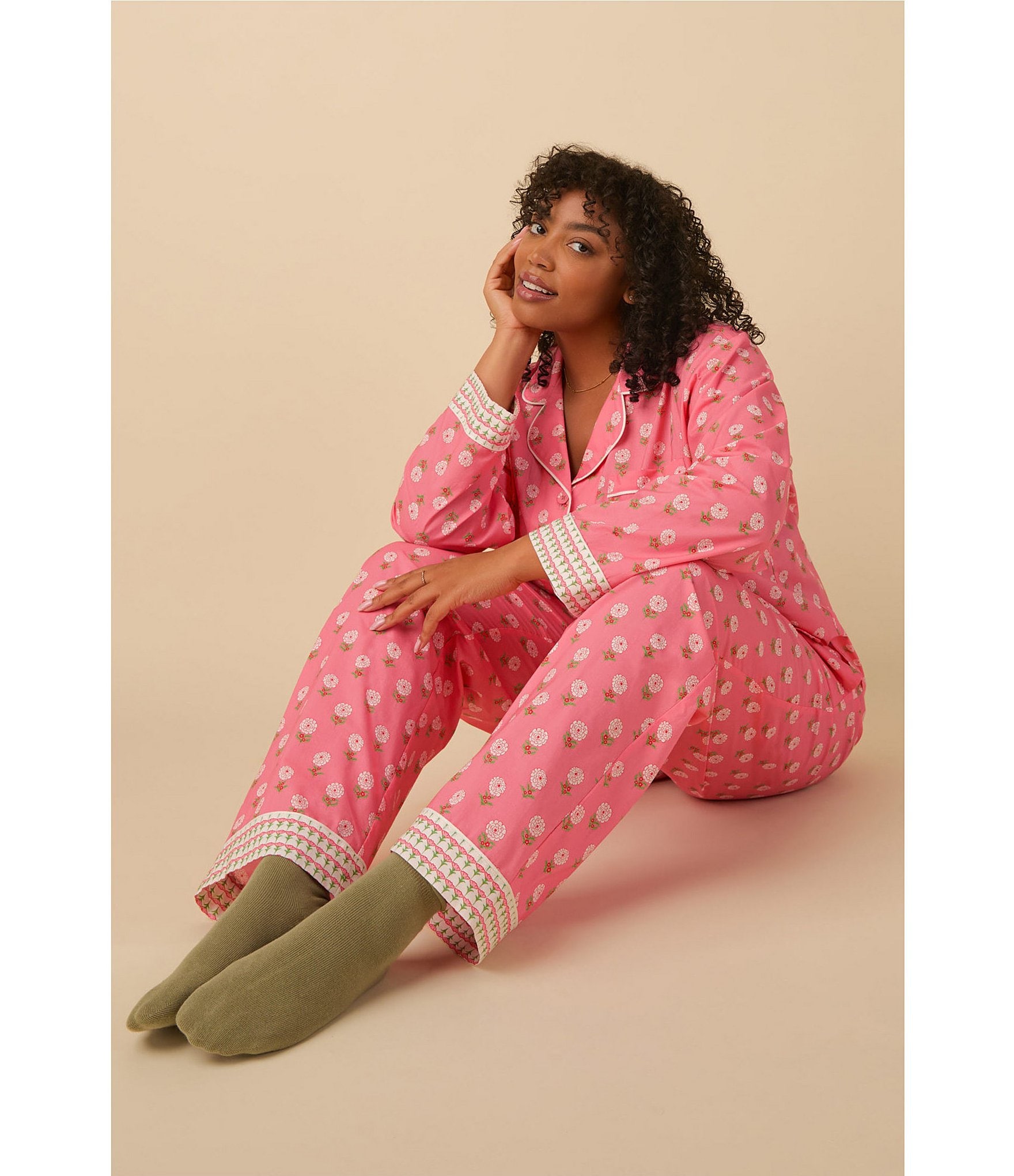 BedHead Pajamas Floral Print Long Sleeve Notch Collar Knit Pant Pajama Set