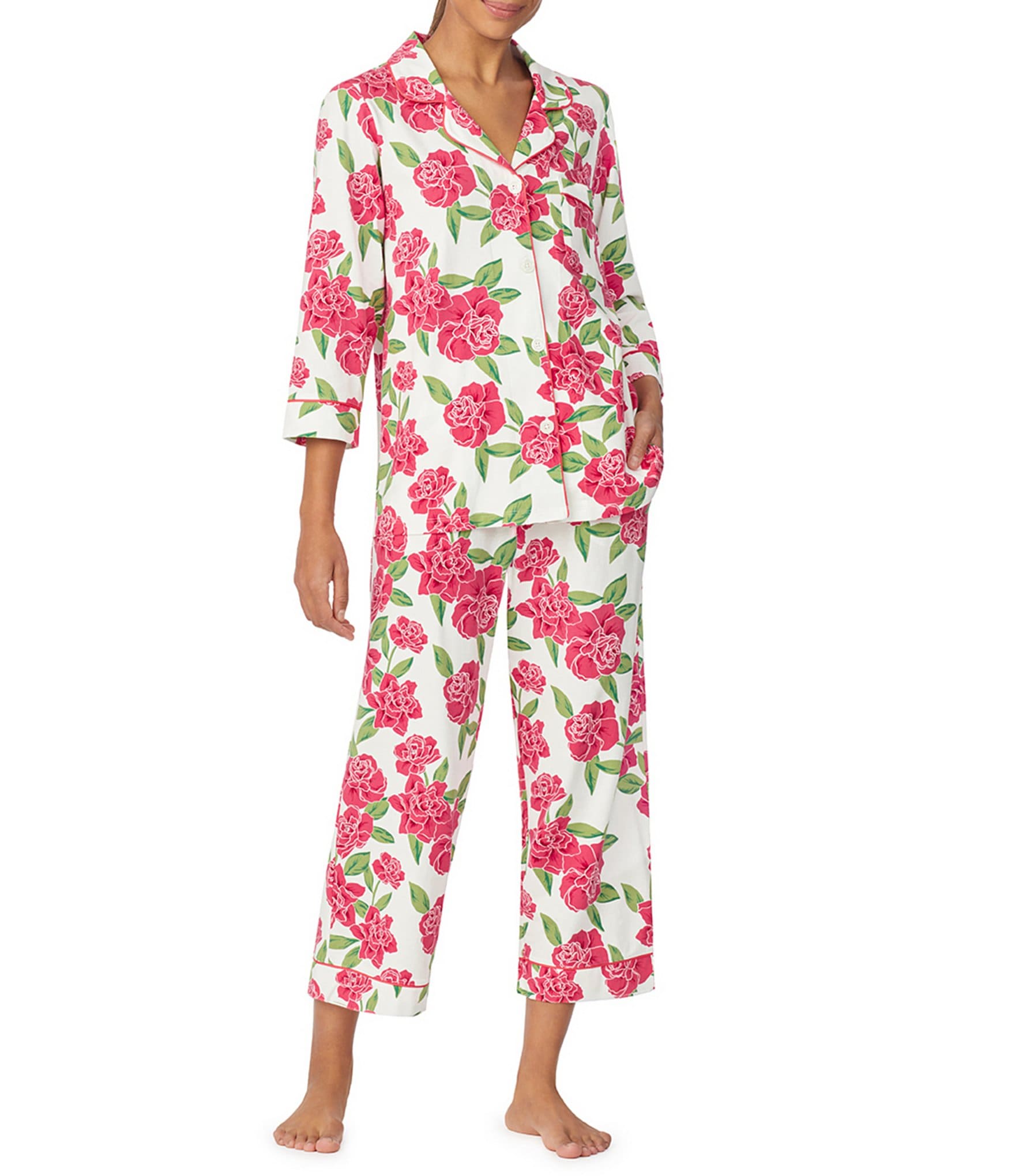 BedHead Pajamas Floral Print Notch Collar 3/4 Sleeve Classic Stretch ...