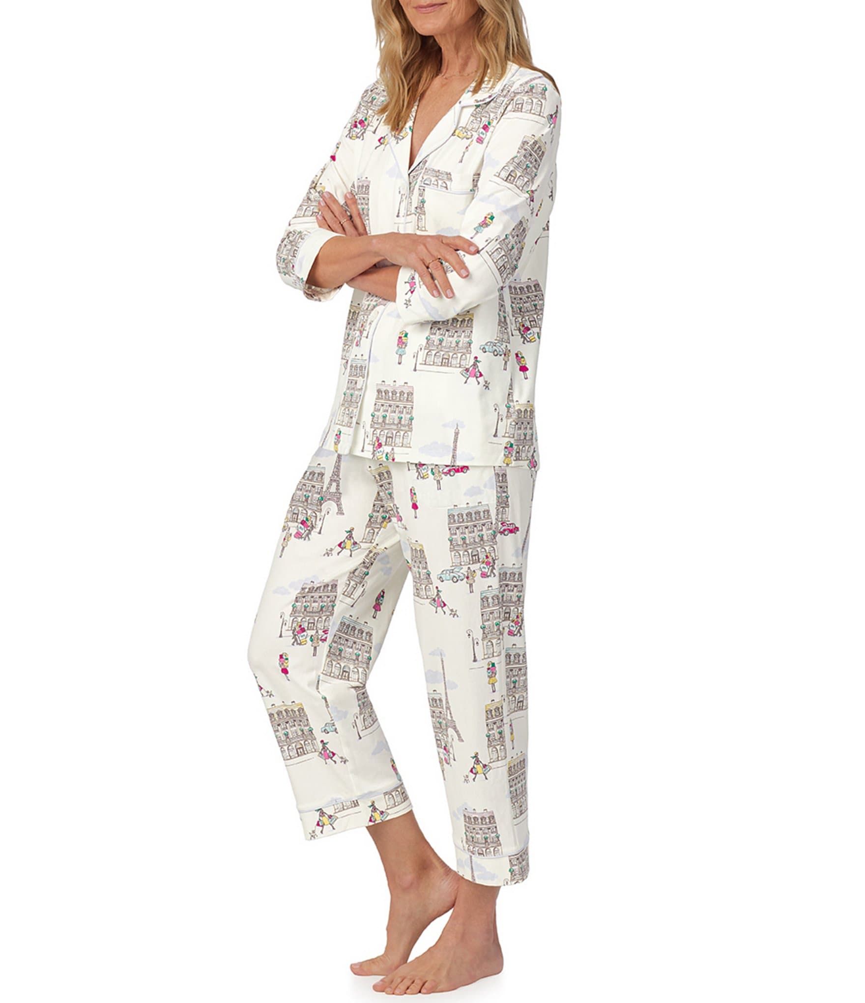 BedHead Pajamas Let's Go Shopping Knit 3/4 Sleeve Notch Collar Cropped Pajama Set