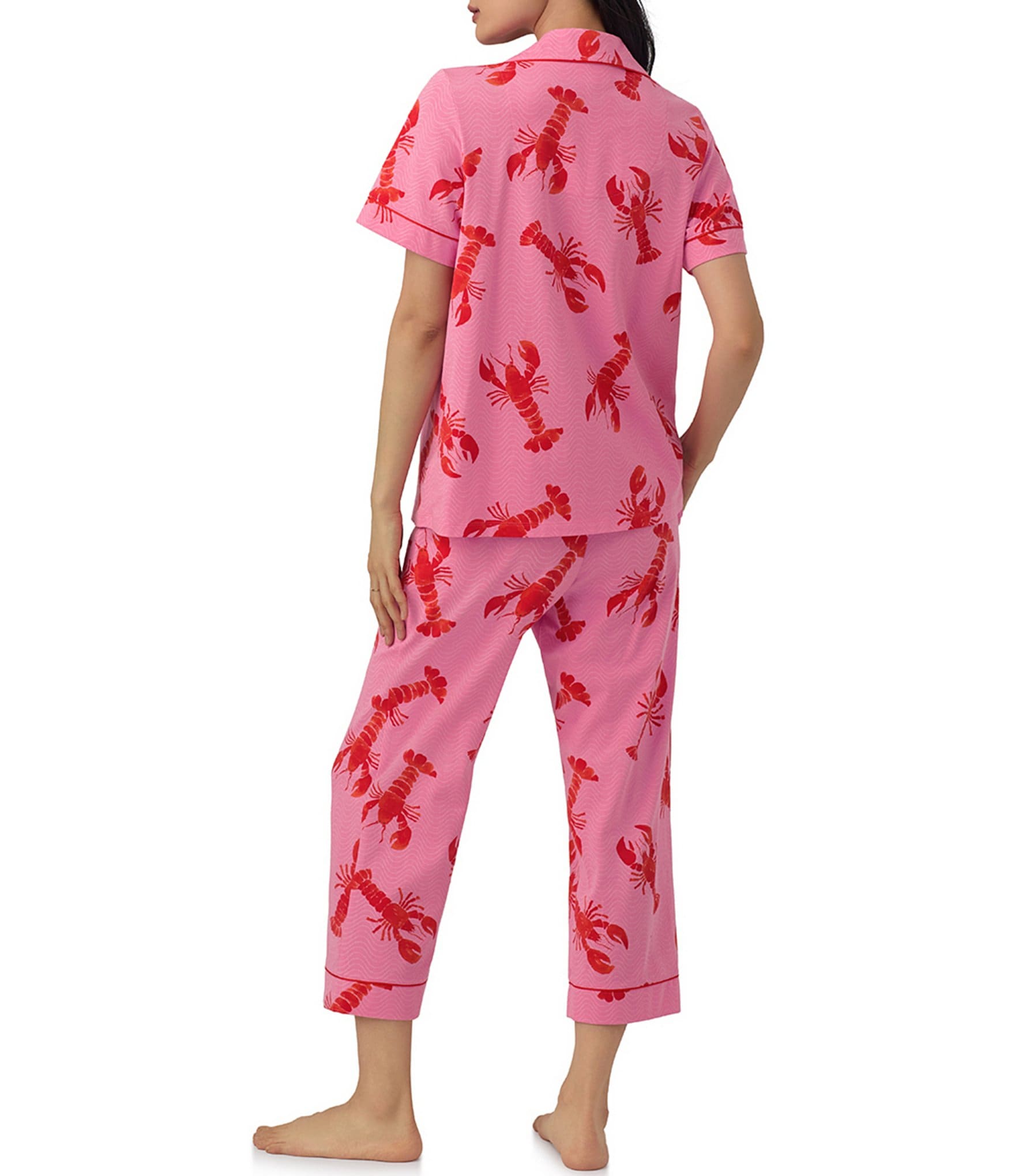 BedHead Pajamas Lobster Print Notch Collar Short Sleeve Cropped Pajama Set