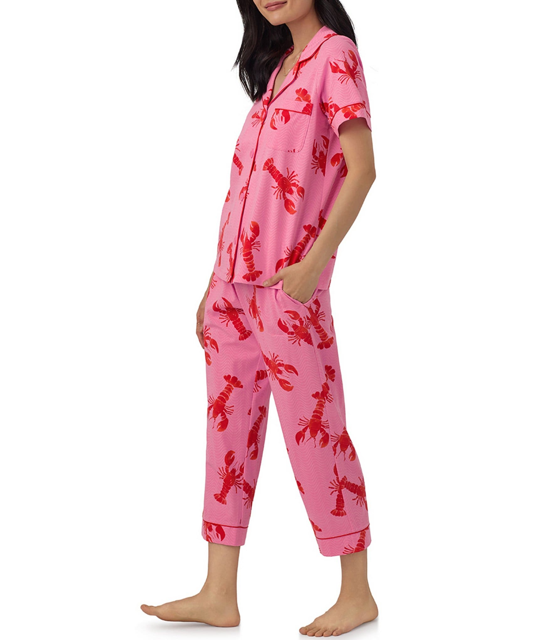 BedHead Pajamas Lobster Print Notch Collar Short Sleeve Cropped Pajama Set