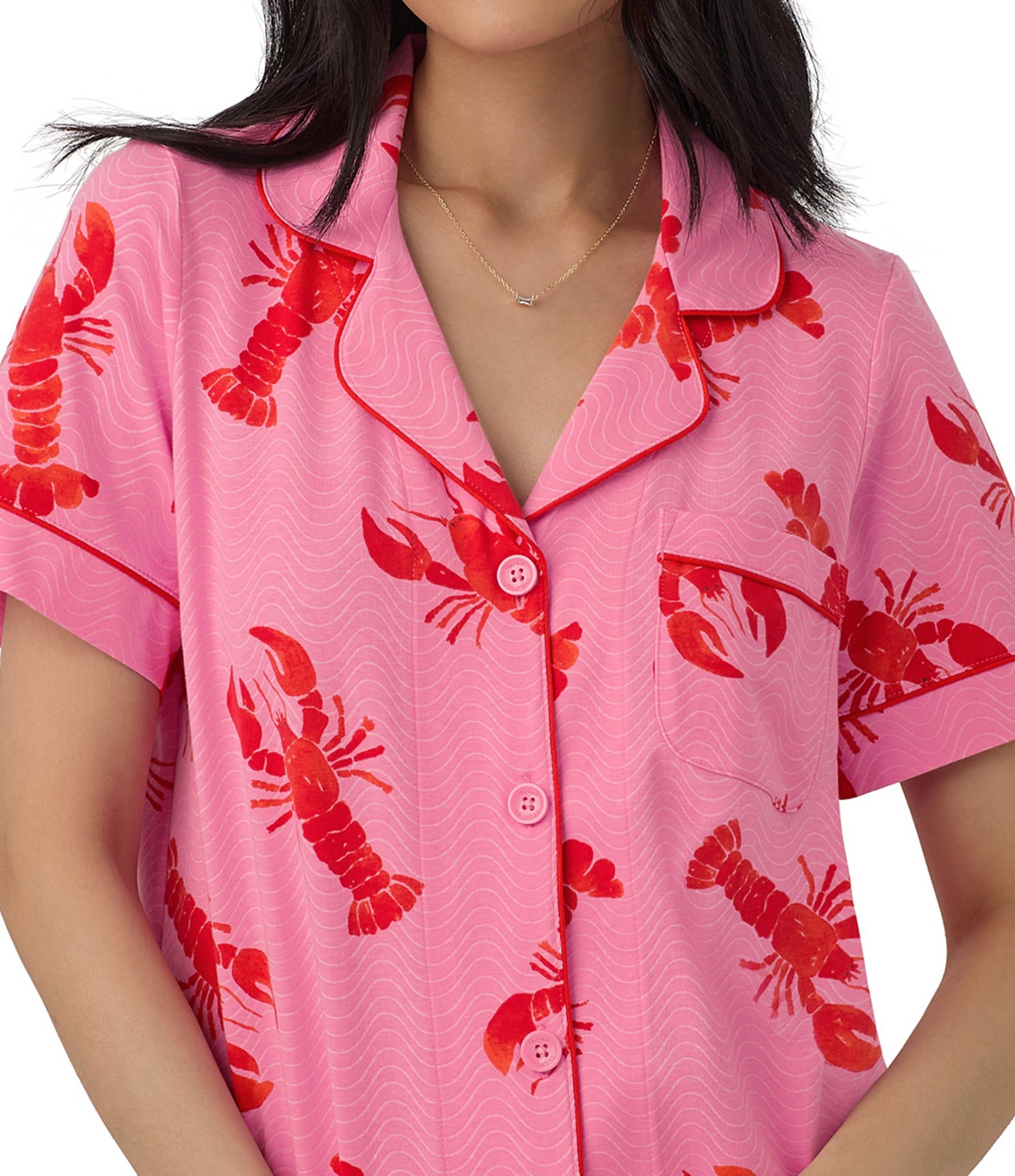 BedHead Pajamas Lobster Print Notch Collar Short Sleeve Cropped Pajama Set