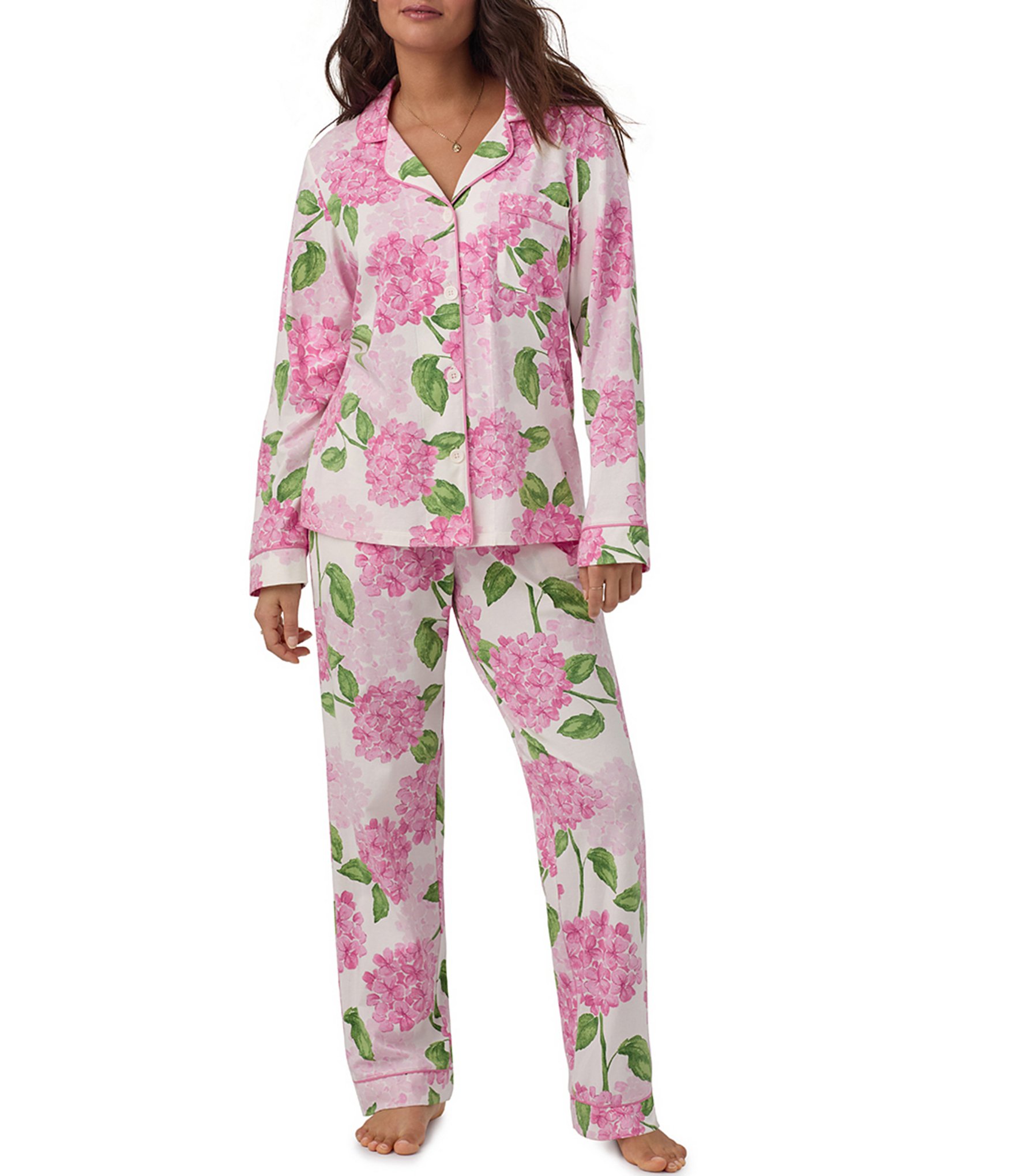 Bedhead Pajamas Long Sleeve Notch Collar Knit Hydrangea Print 