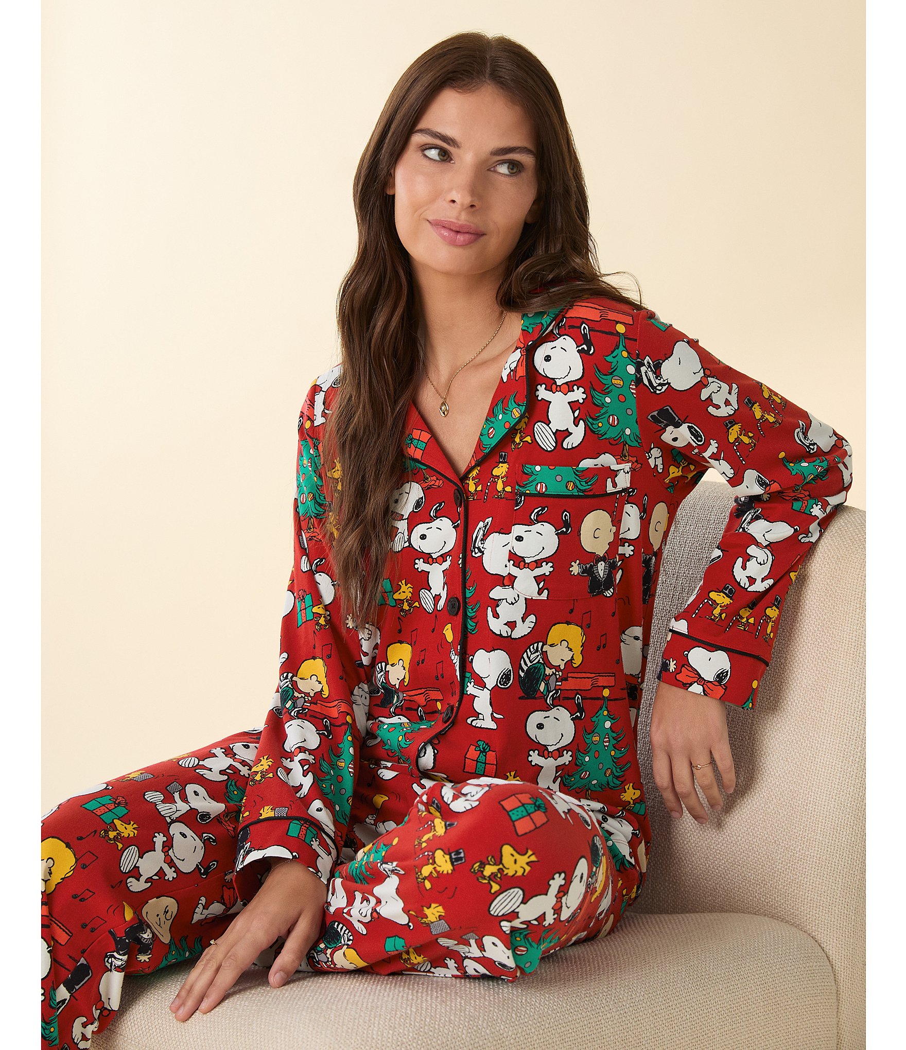 BedHead Pajamas Peanuts Holiday Party Print Long Sleeve Long Jersey Knit Holiday Pajama Set