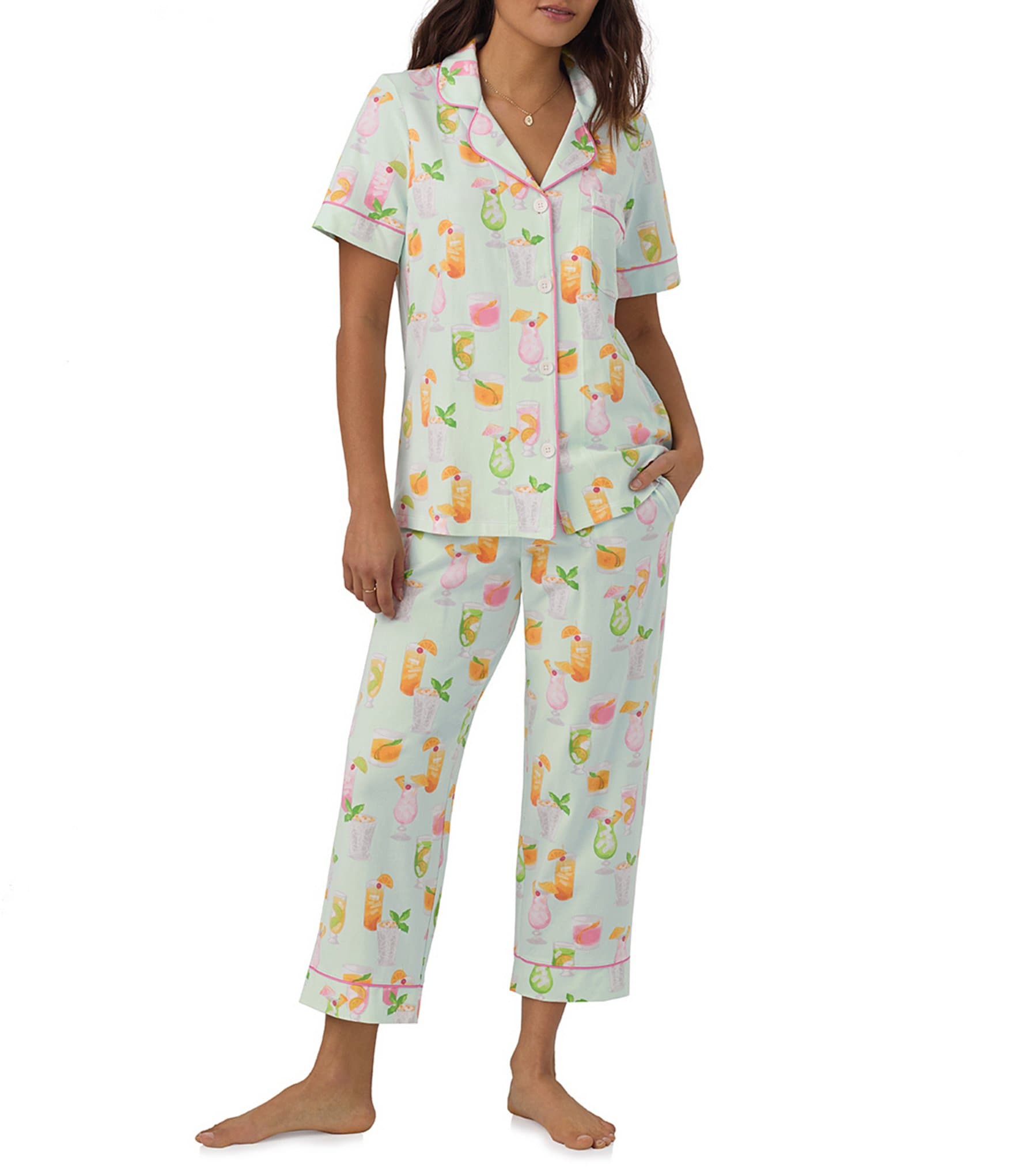 BedHead Pajamas Printed Short Sleeve Notch Collar Cropped Pant Pajama Set