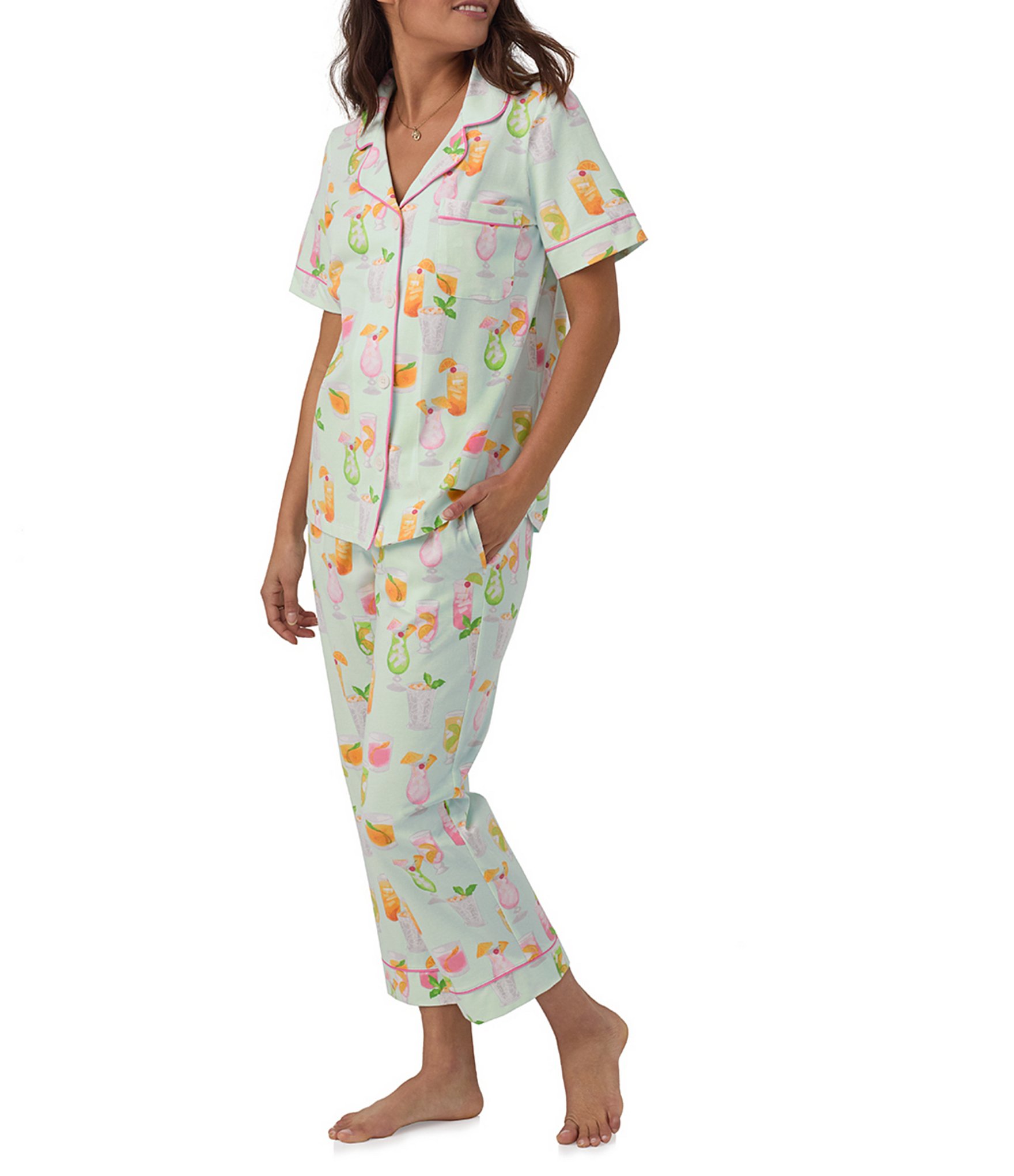 BedHead Pajamas Printed Short Sleeve Notch Collar Cropped Pant Pajama Set