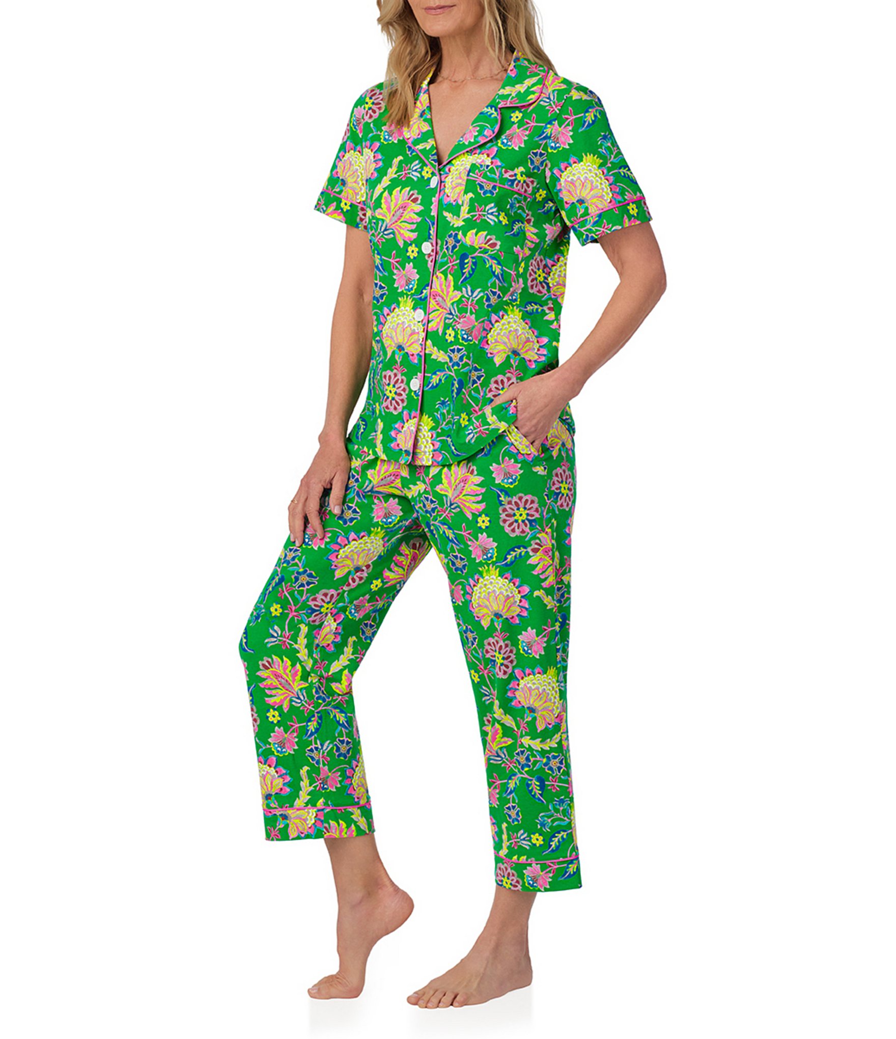 BedHead Pajamas Royal Garden Print Short Sleeve Notch Collar Cropped Pajama Set