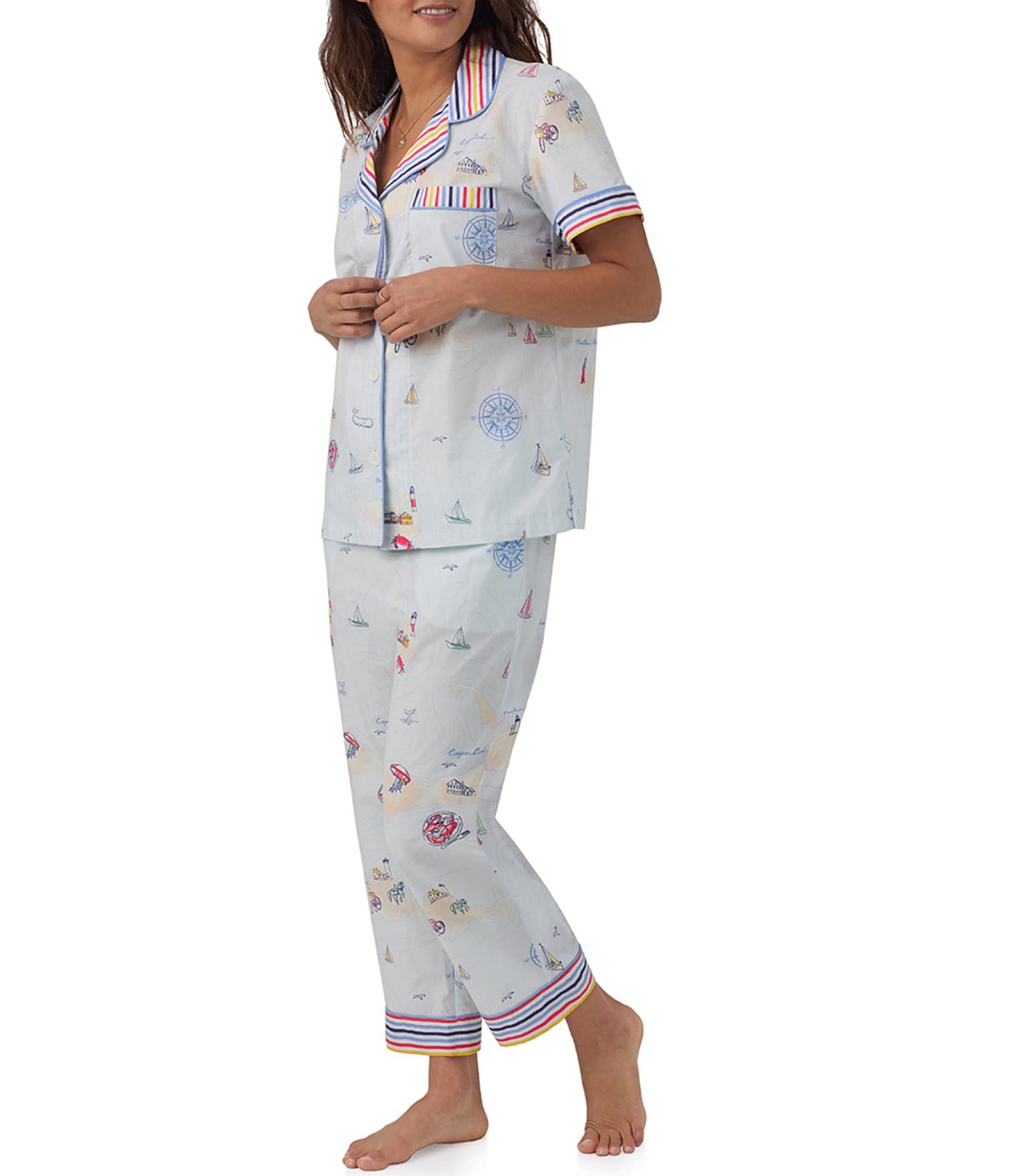 BedHead Pajamas Short Sleeve Notch Collar Woven Cropped Sea Print Pajama Set