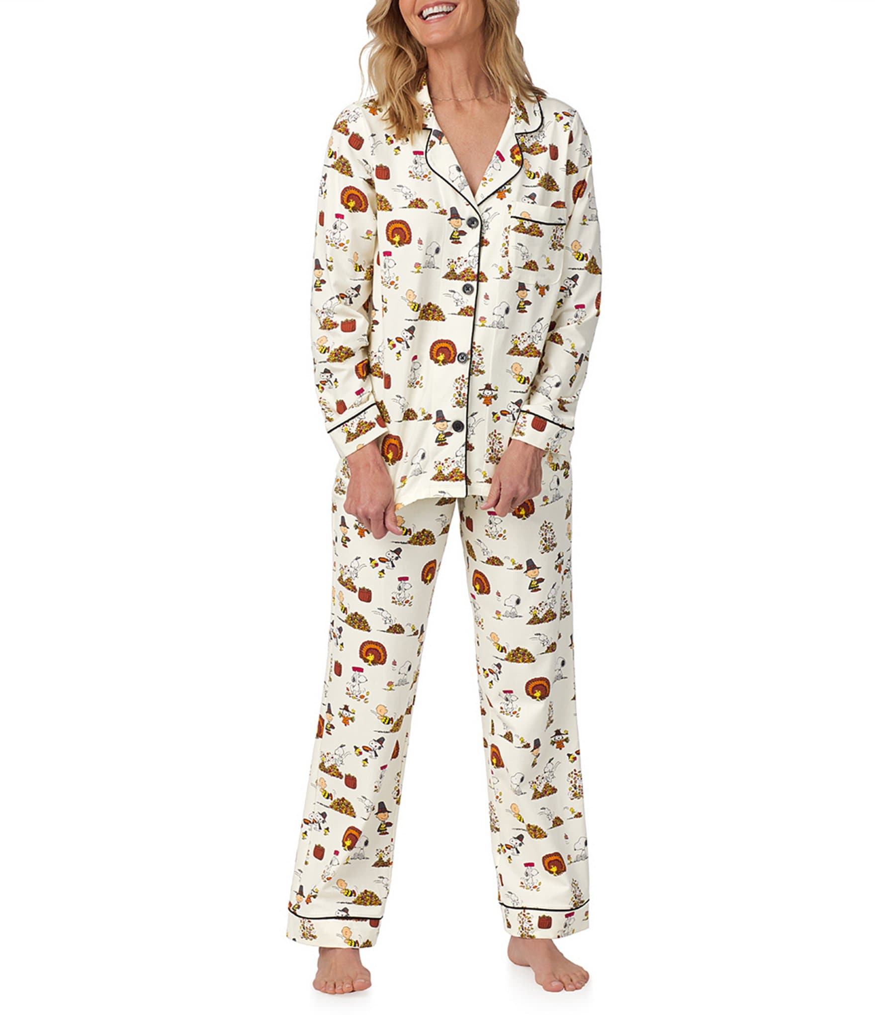 BedHead Pajamas Snoopy Thanksgiving Print Long Sleeve Notch Collar Knit Pajama Set