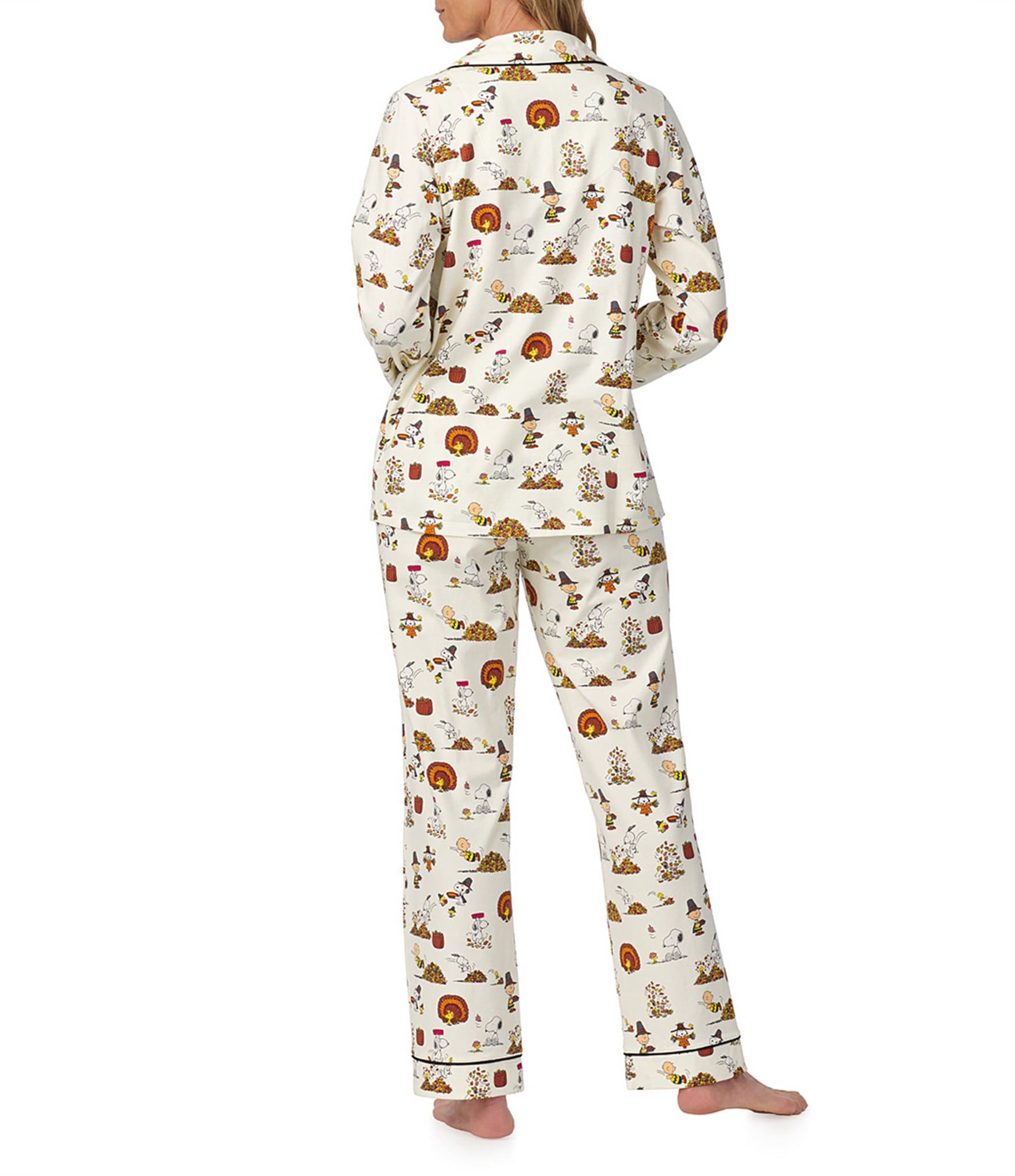 BedHead Pajamas Snoopy Thanksgiving Print Long Sleeve Notch Collar Knit Pajama Set