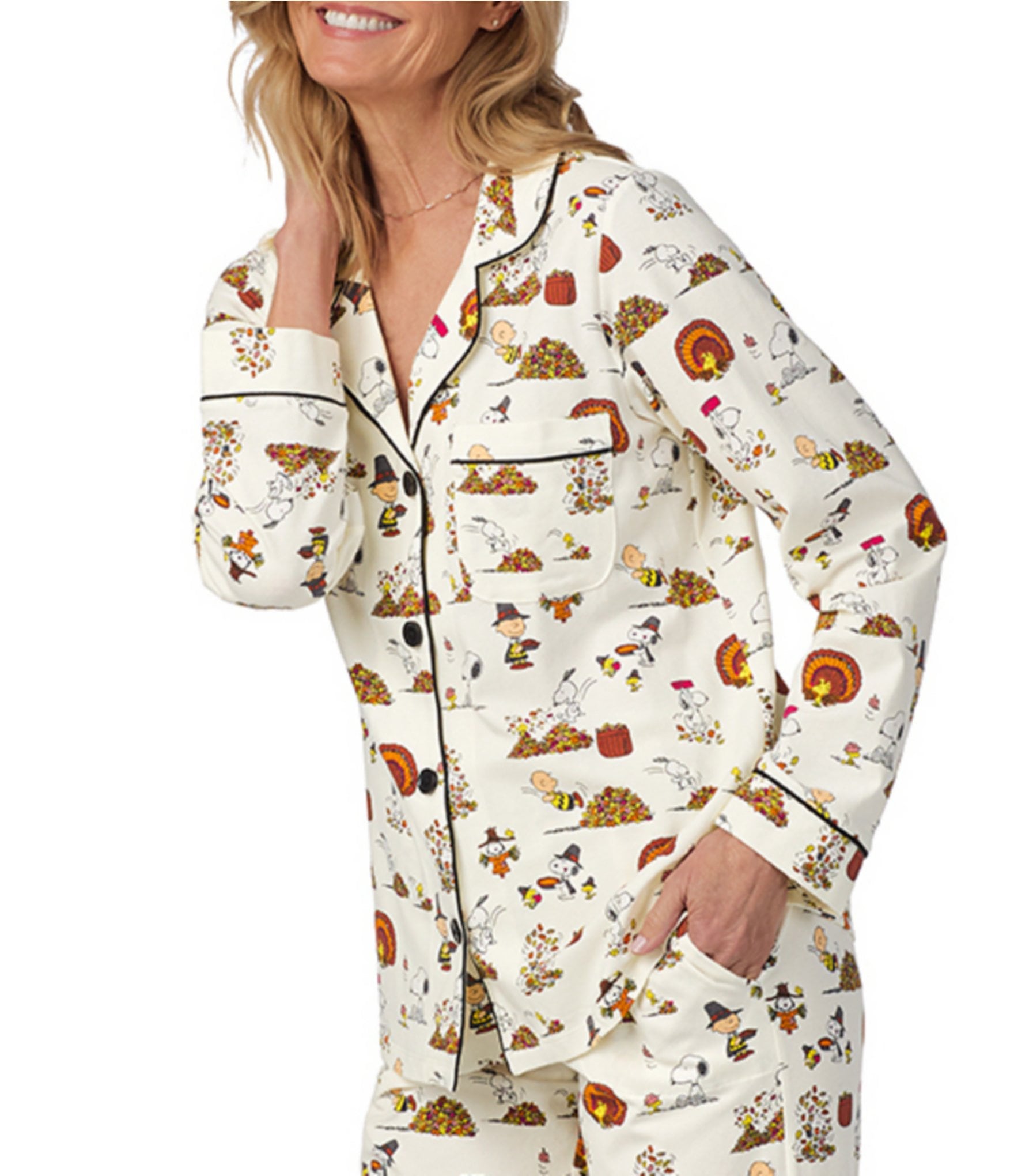 BedHead Pajamas Snoopy Thanksgiving Print Long Sleeve Notch Collar Knit Pajama Set