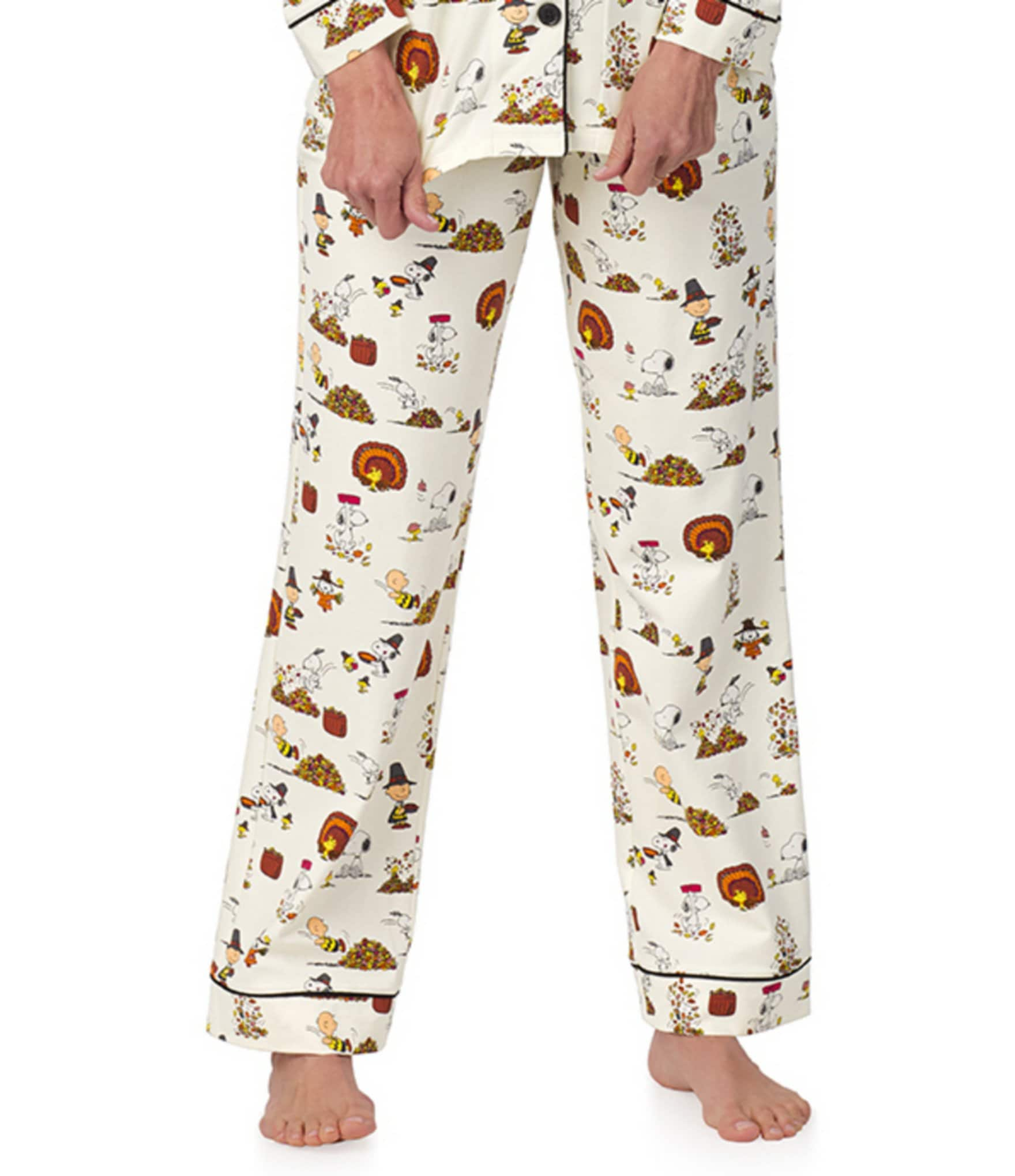 BedHead Pajamas Snoopy Thanksgiving Print Long Sleeve Notch Collar Knit Pajama Set