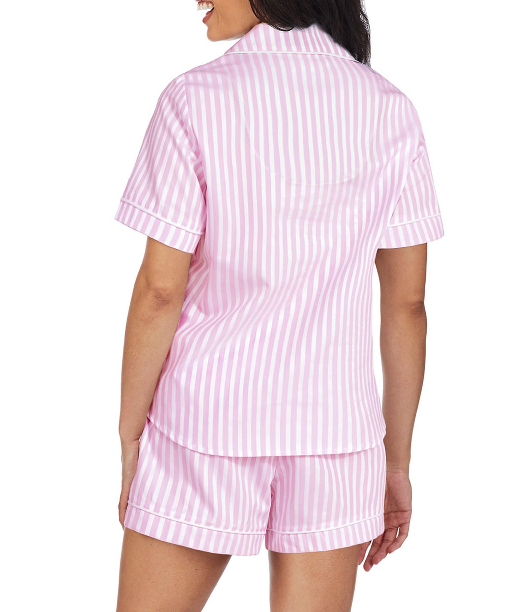 BedHead Pajamas Striped Print Notch Collar Woven Sateen Shorty Pajama Set