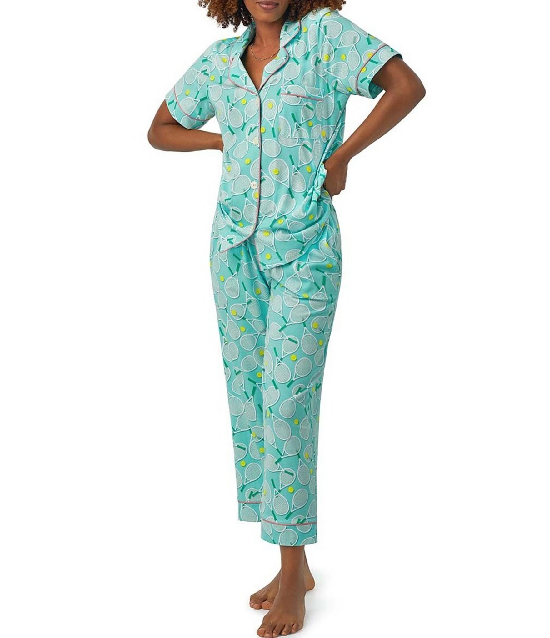 BedHead Pajamas Tennis Club Print Short Sleeve Notch Collar Cropped Pajama Set