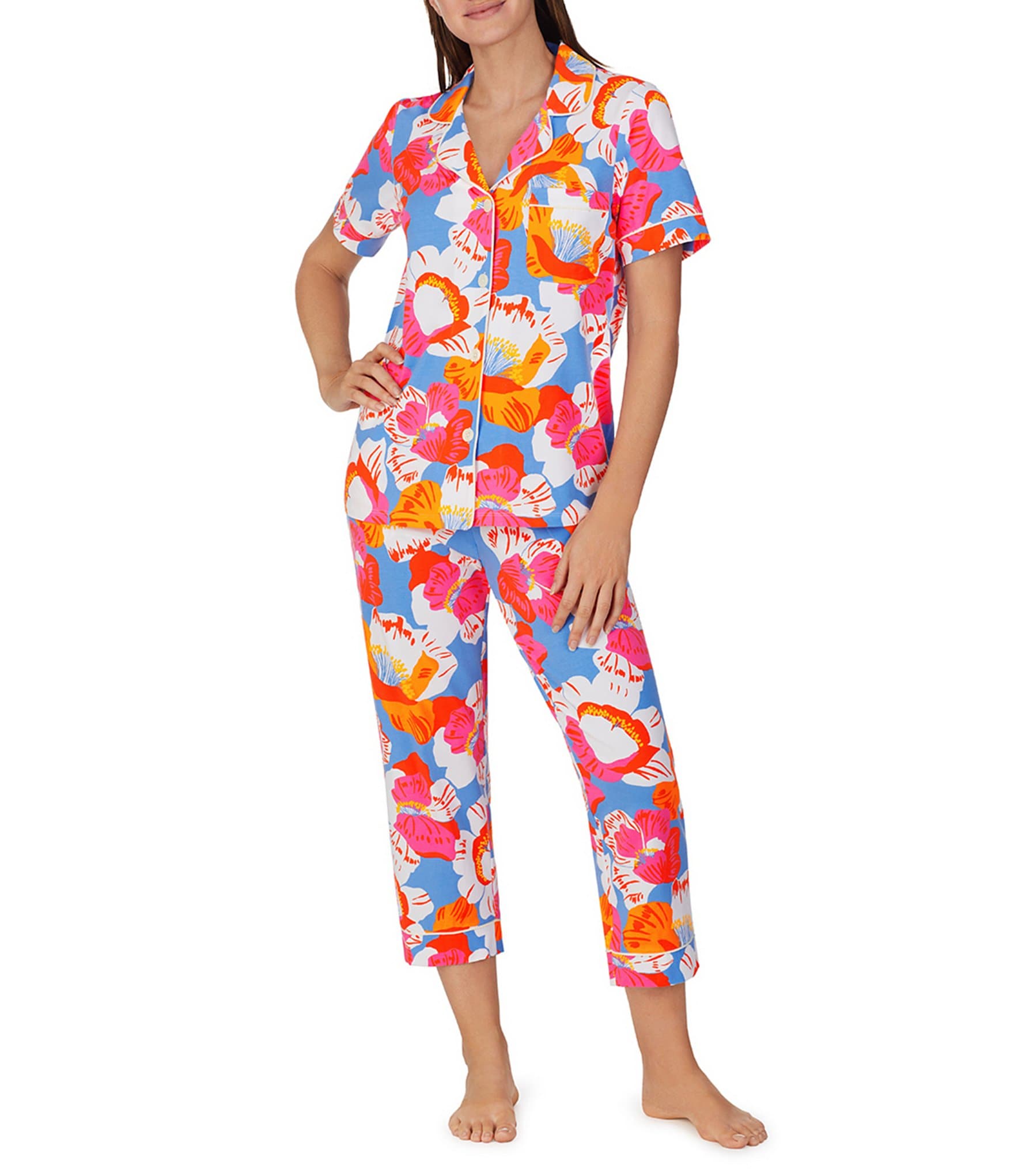 BedHead Pajamas x Trina Turk Floral Print Short Sleeve Notch Collar ...