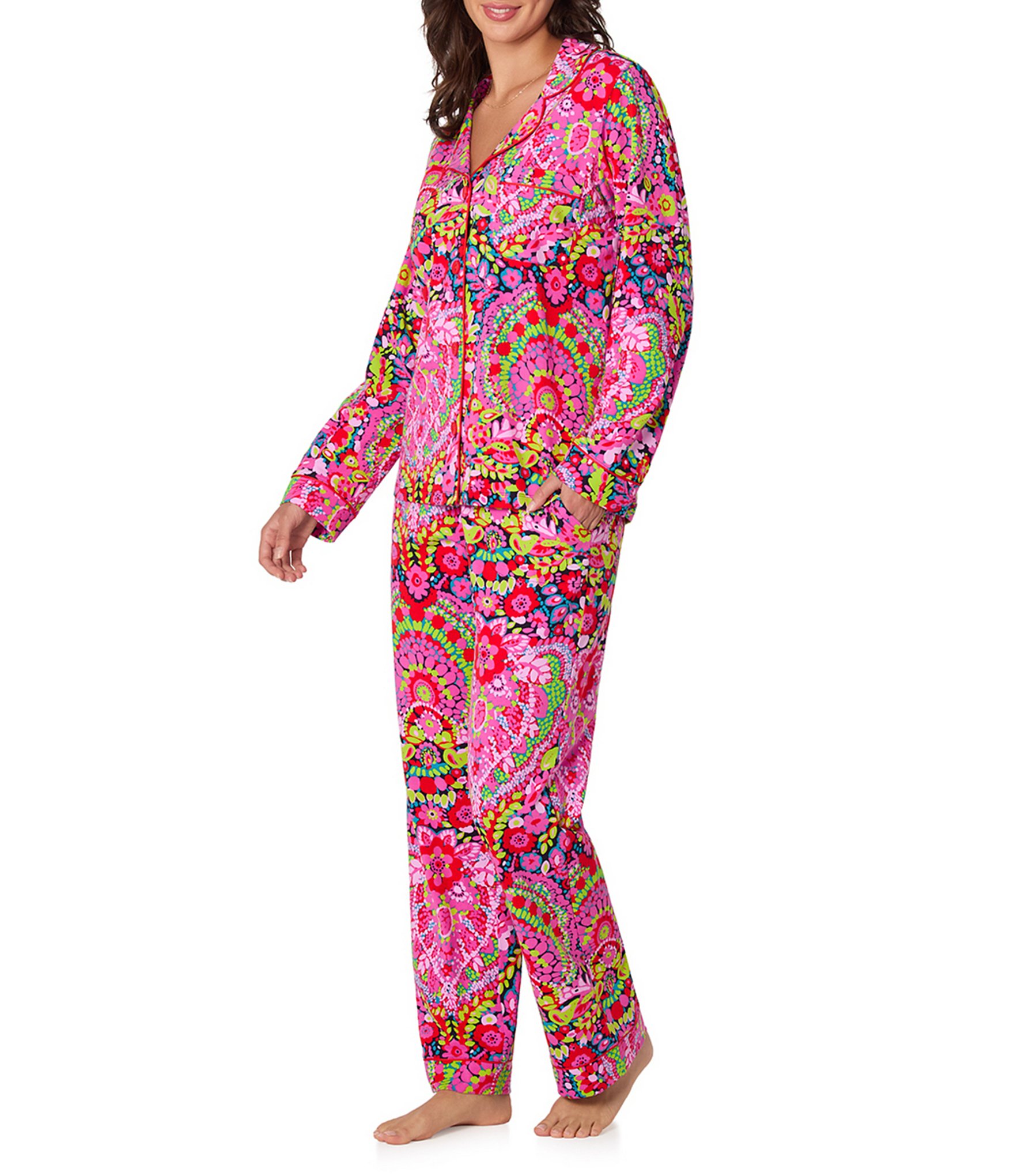 BedHead x Trina Turk Floral Print Long Sleeve Notch Collar Jersey Knit Long Pajama Set