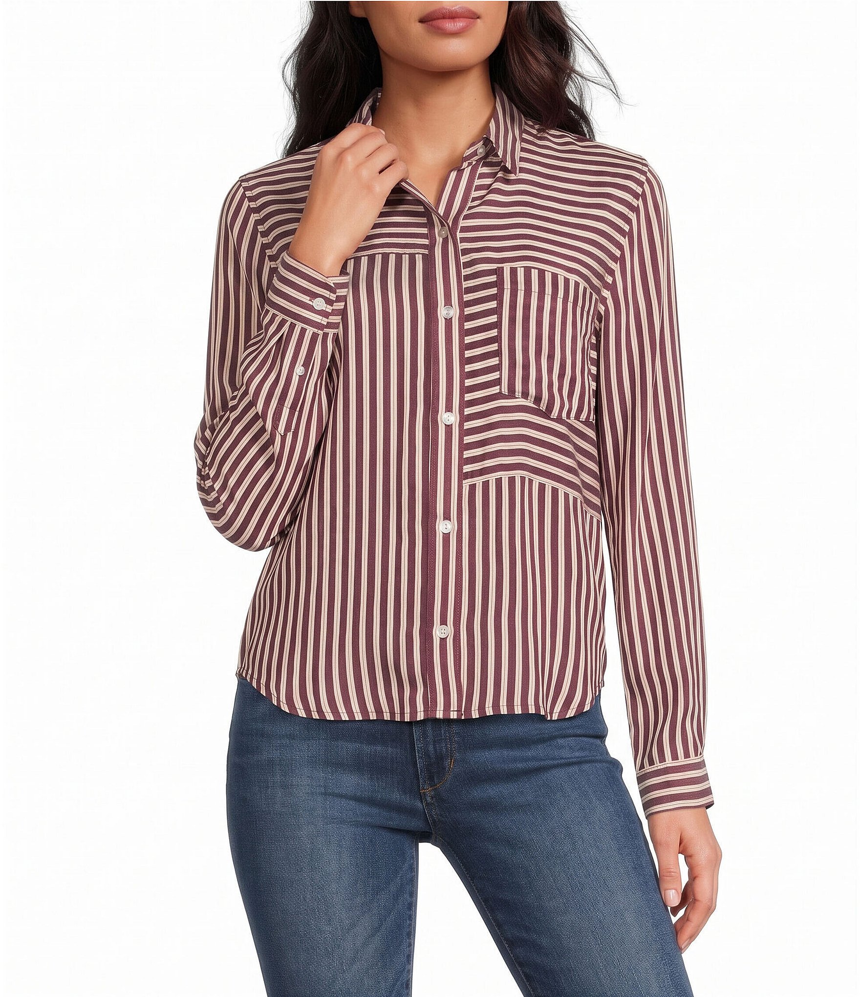 Bella Dahl Seamed Button Down Long Sleeve Striped Shirt
