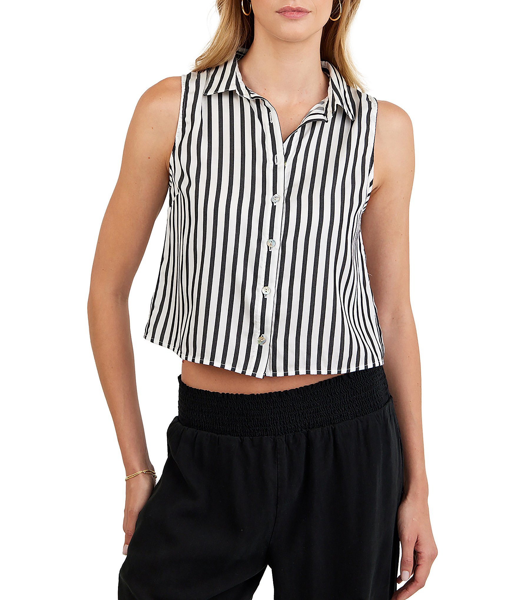 Bella Dahl Stripe Print Point Collar Sleeveless Cropped Top