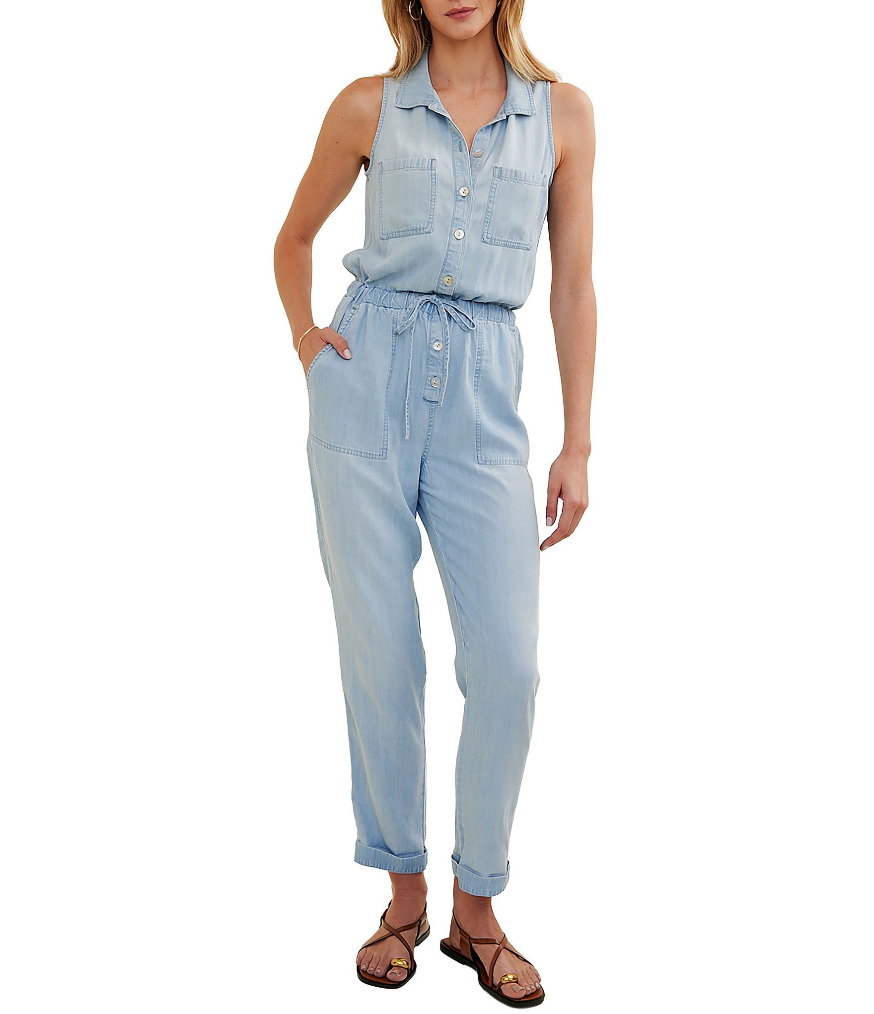 Bella Dahl Woven Denim Split V-Neck Sleeveless Button Down Jumpsuit