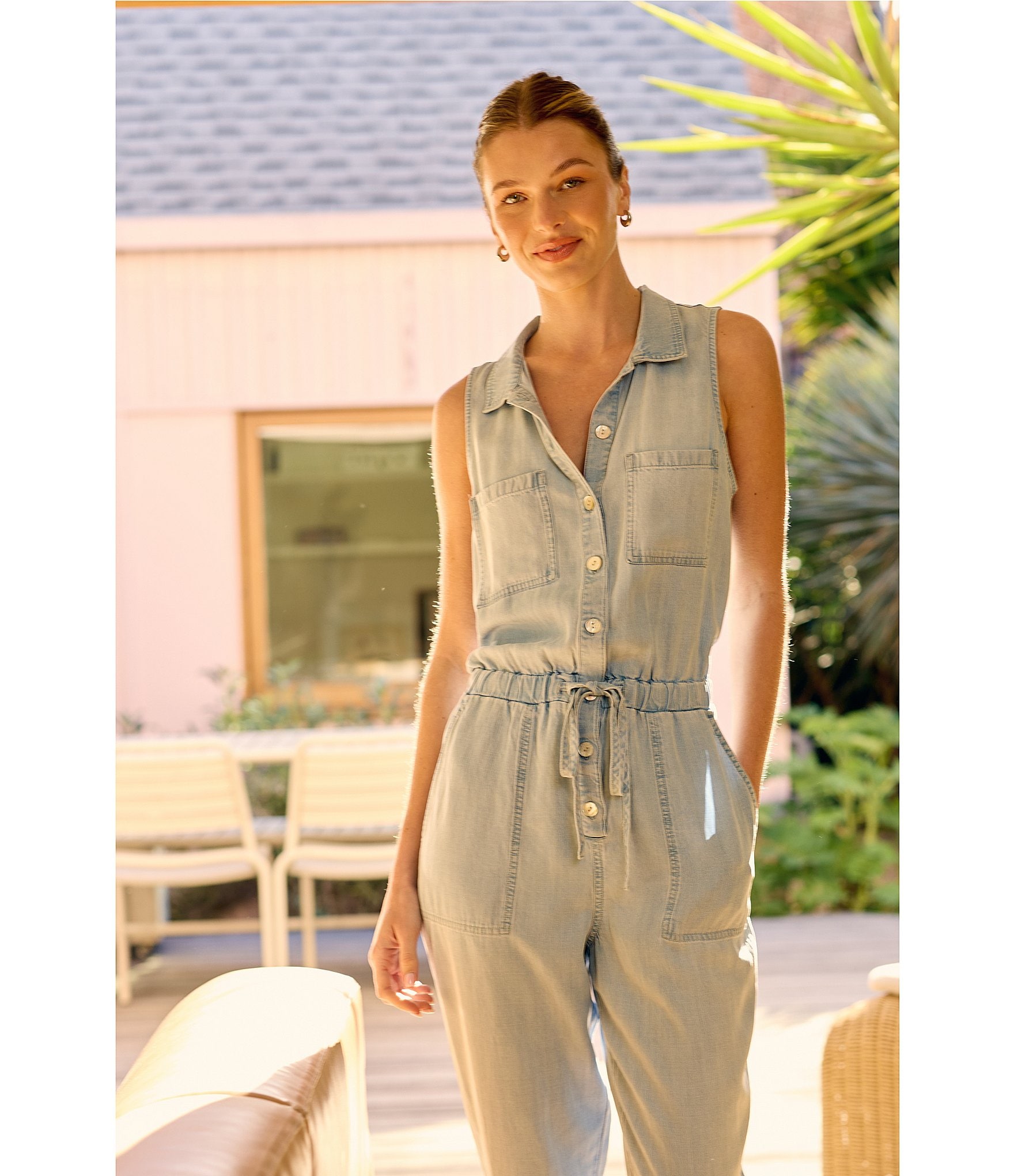 Bella Dahl Woven Denim Split V-Neck Sleeveless Button Down Jumpsuit